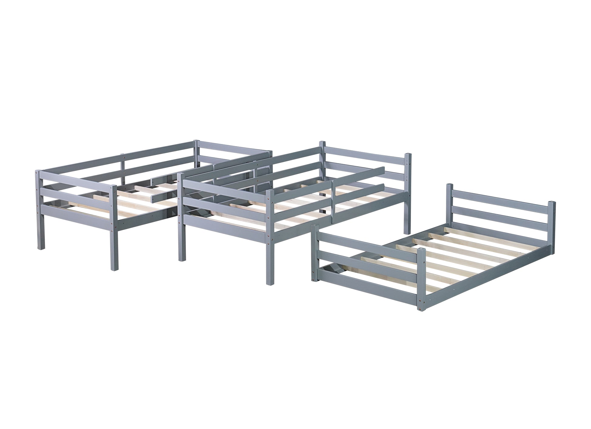 Triple Rubber Wood Bunk Bed With Two Built In Ladders, Guardrails, Twin Over Twin Over Twin, Detachable Triple Twin Bunk Bed,Grey Twin Grey Bedroom American Design Bed Frame Rubber Wood