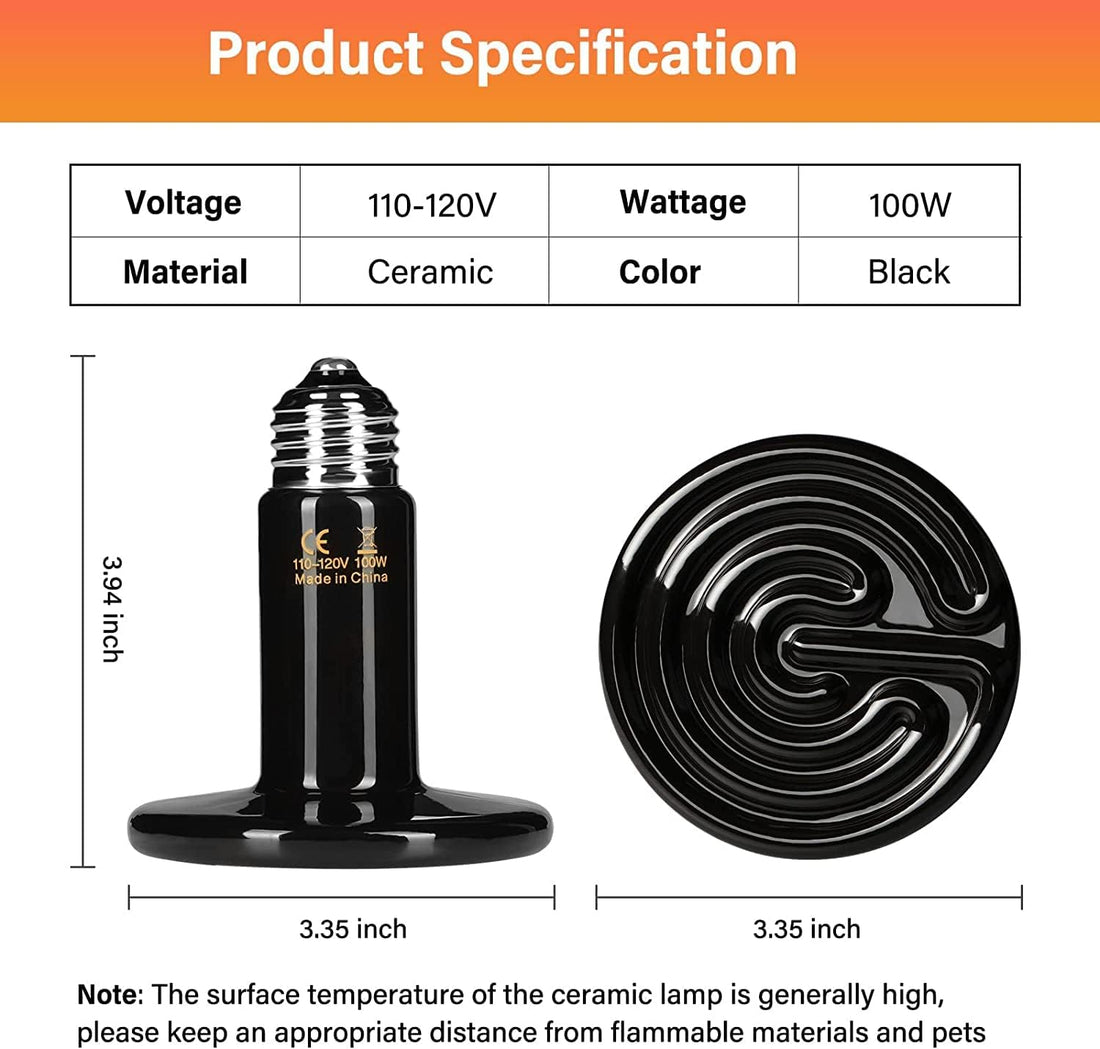 Reptile Heat Lamp 100W 2 Pack Ceramic Heat Emitter, No Light Emitting Heat Bulbs For Amphibian Pet Brooder Coop Incubating Chicken, Lizard Bearded Dragon Turtle Snake Terrarium Black Black Ceramic
