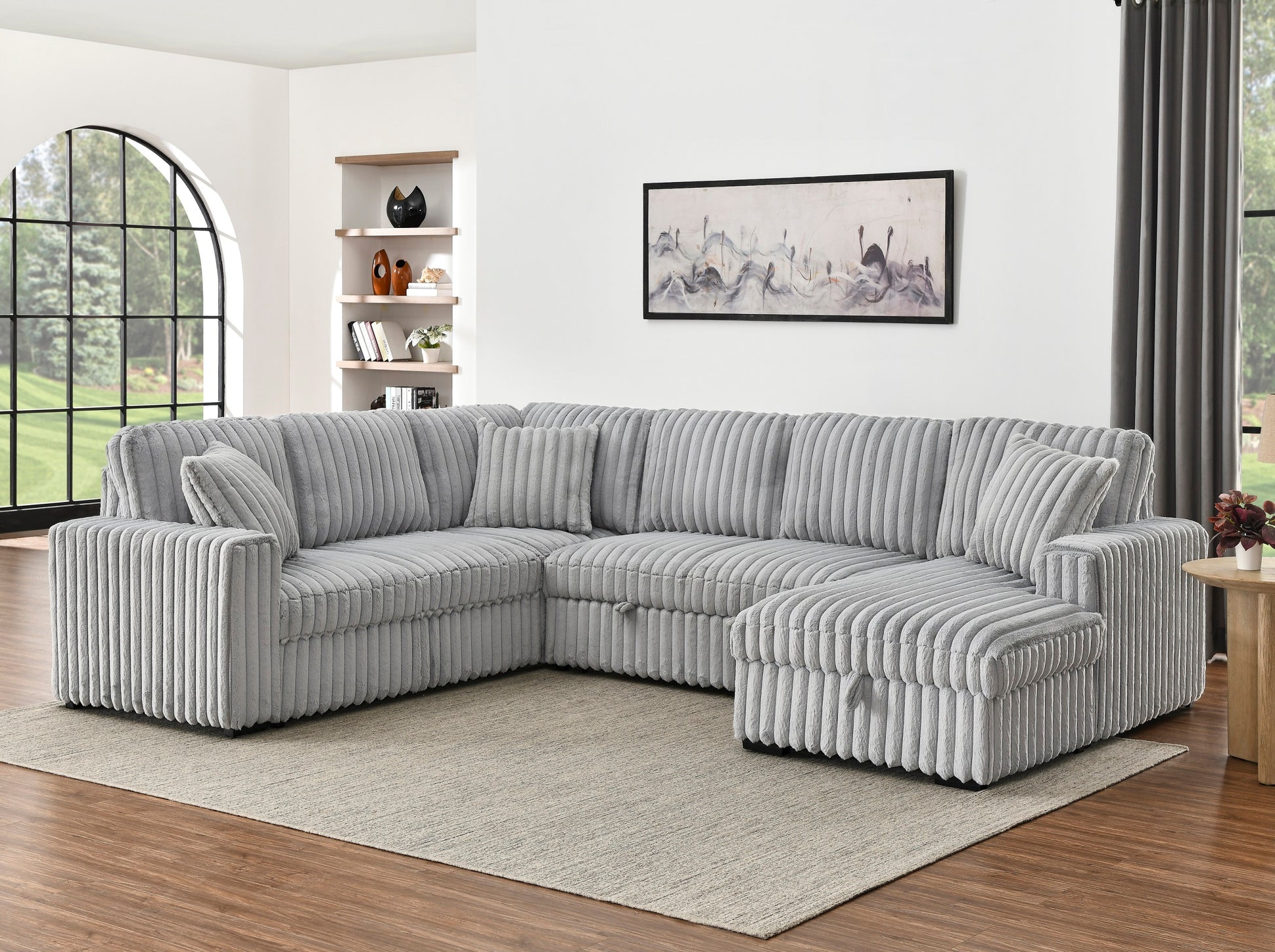 122 Inch Pull Out Couch, Rabbit Plush Fabric Sofa Bed With Usb Ports & Comfy Upholstered, Oversized U Shape Sectional Sleeper Sofa Bed With Storage Chaise, Grey Light Brown Wood Primary Living Space Medium Duty Eucalyptus 6 Seat Grey Polyester Soft