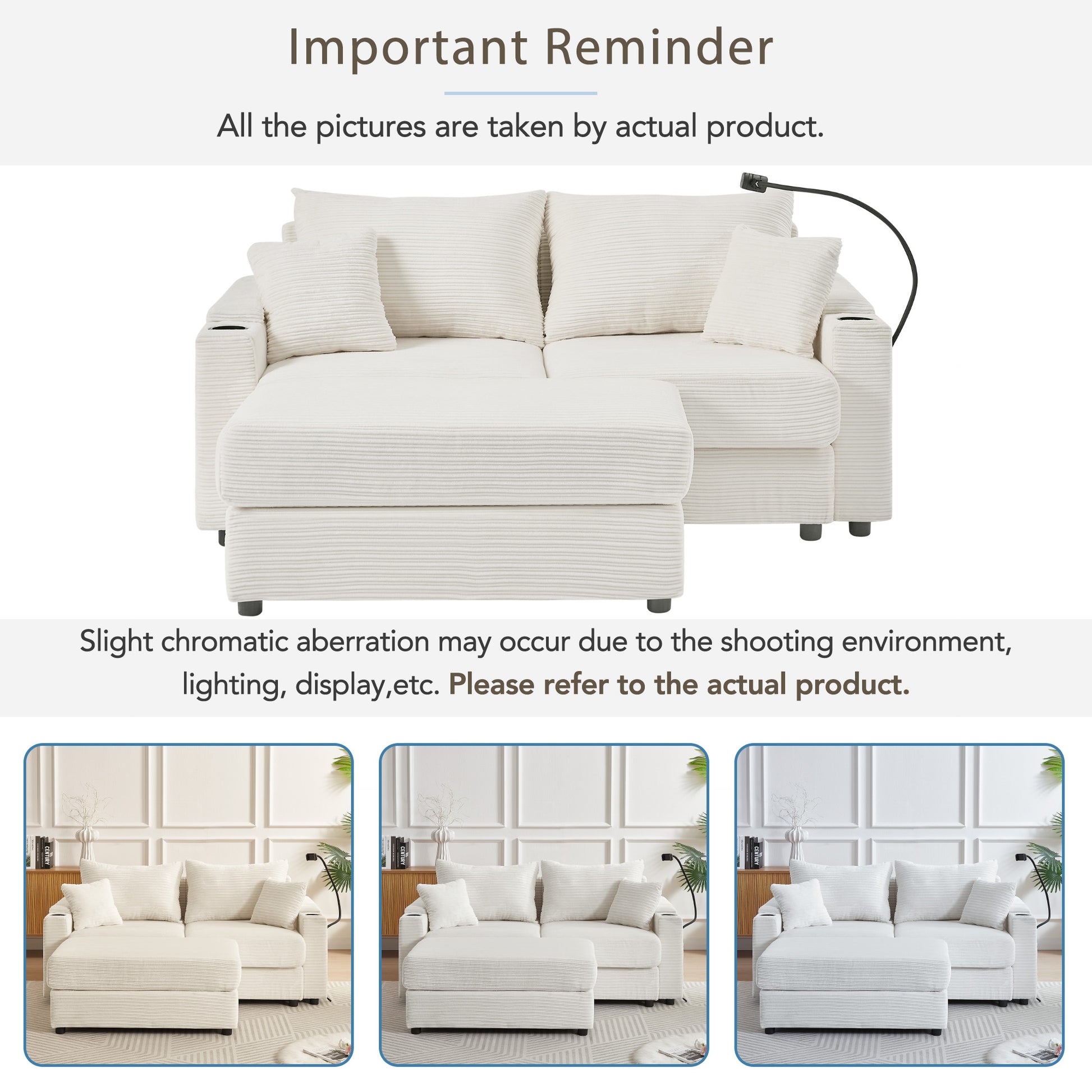 72.8" Modern Style Loveseat Sofa Sectional Sofa Couch With Storage Space, A Movable Ottoman, Two Usb Ports, Two Cup Holders, A Phone Holder For Living Room, Beige Beige Foam Corduroy 3 Seat