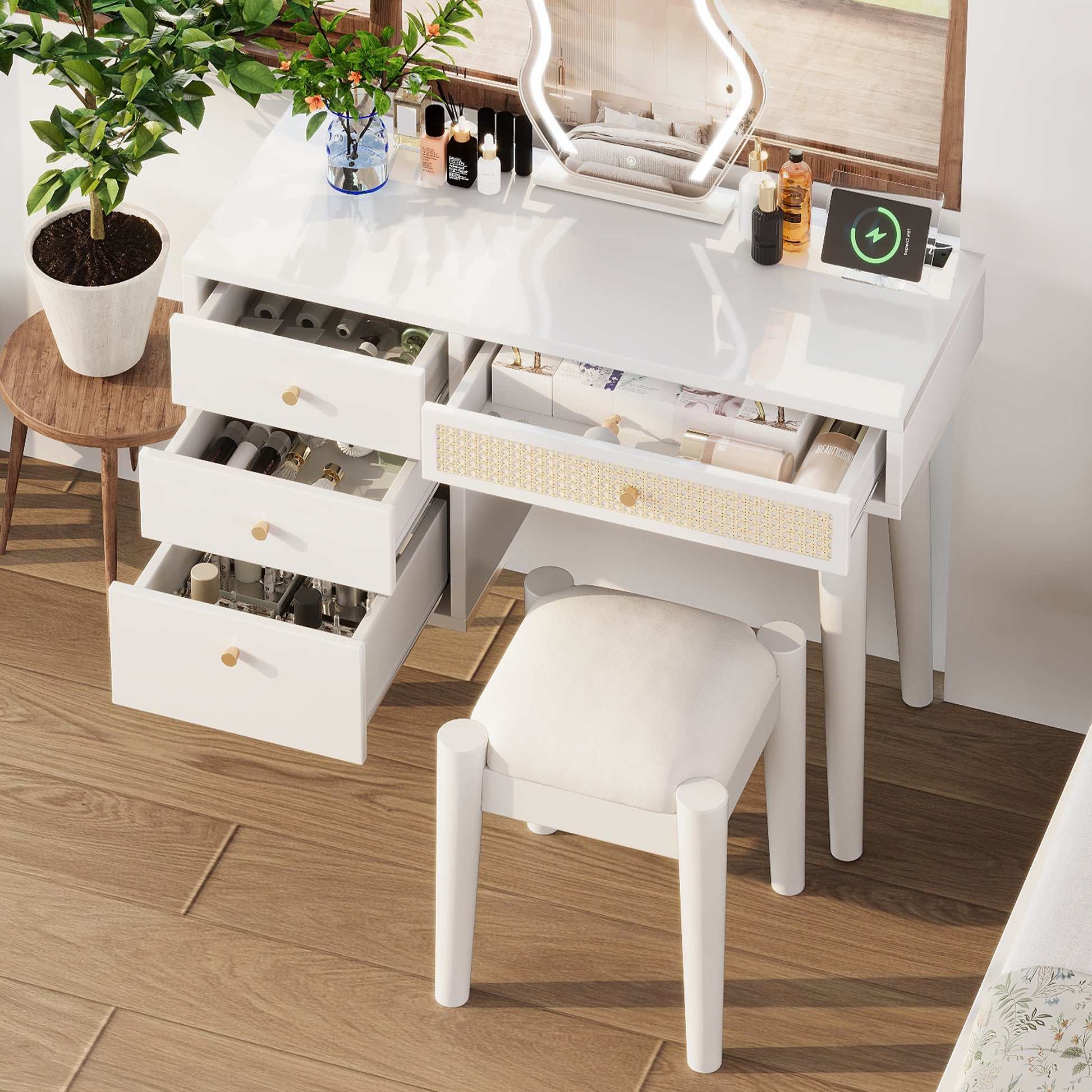 39" Retro Bohemian Style Wooden Makeup Vanity Set With Charging Plug&Usb Port And Stool, Dressing Table With 3 Storage Drawers And 1 Rectangular Rattan Drawer, White White 4 Drawers Wood