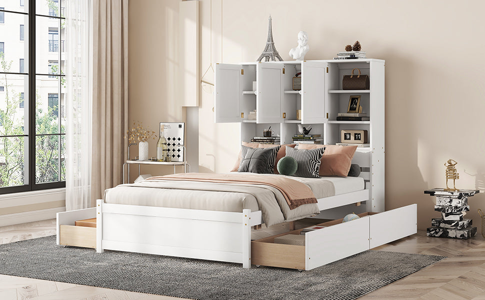 Full Size Platform Bed With Storage Headboard And 4 Drawers, White Box Spring Not Required Full White Wood Bedroom Bed Frame Solid Wood Mdf