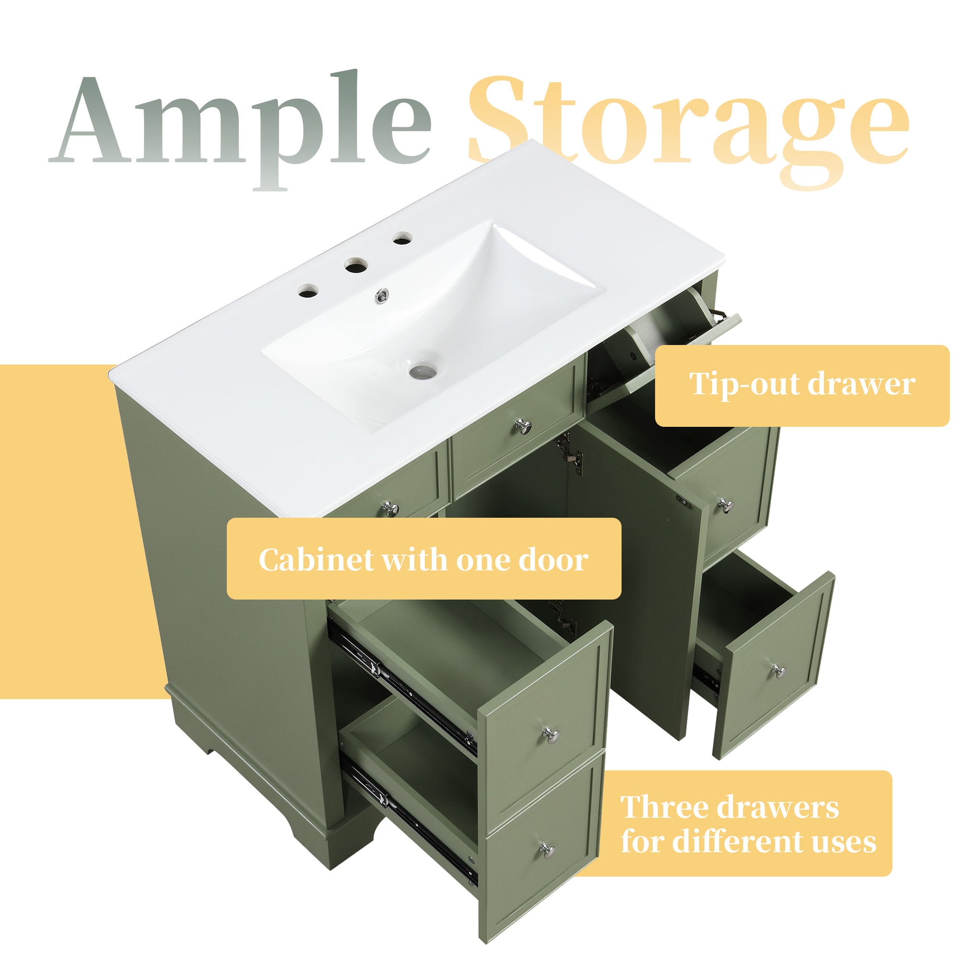 36" Bathroom Vanity With Sink, One Cabinet With Three Drawers And One Flip Drawer, Solid Wood And Mdf Board, Green Green Solid Wood Mdf