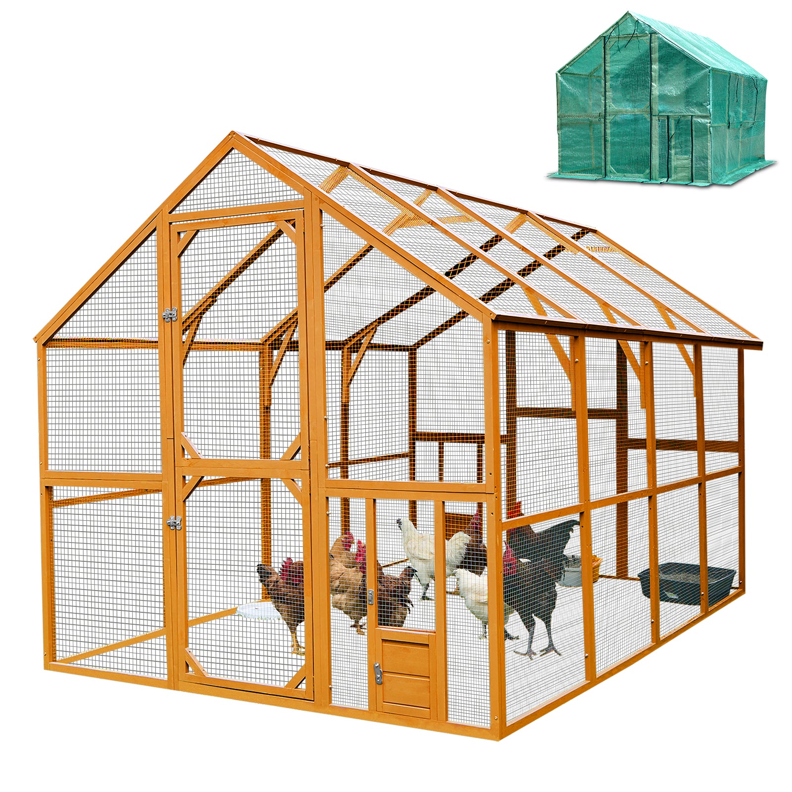 Wooden Chicken Coop 111'' 74'' 72'' Large Kitten Playpen, Chicken Run With Waterproof Cover And Two Small Doors, Pet Playpen Exercise Pen For Rabbit Duck Cat Yellow Metal & Wood