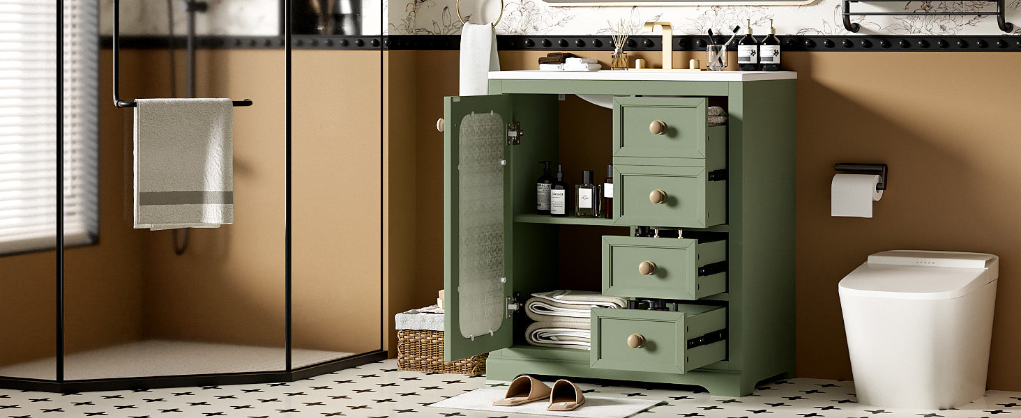 30 Inch Bathroom Vanity With A Soft Close Glass Door, Adjustable Shelves, And Three Drawers Green Bathroom Solid Wood Mdf Glass