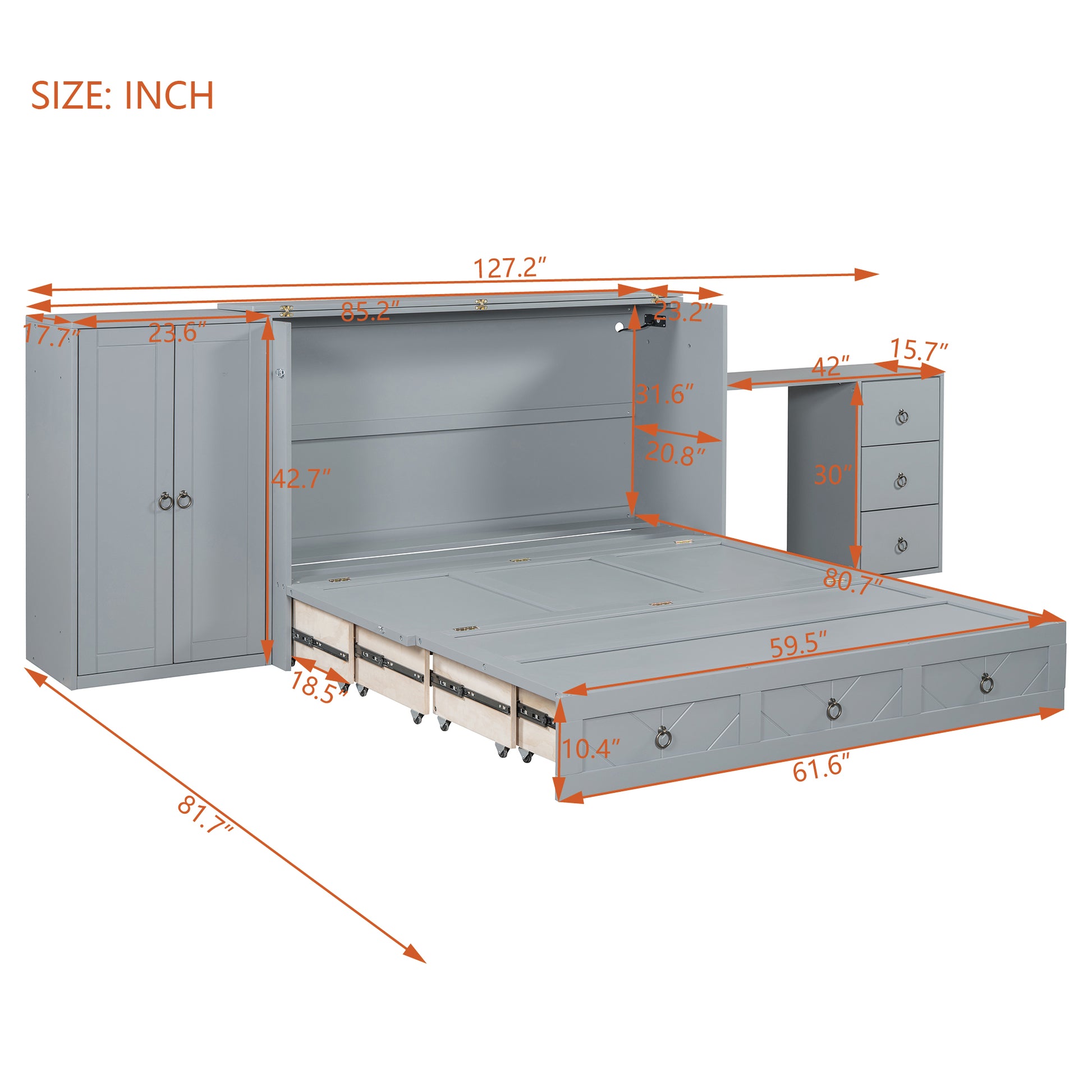 Queen Size Murphy Bed With Usb Port, Large Drawer, And Wardrobe Desk Combo Versatile Gray Cabinet Bed Queen Gray Solid Wood Mdf