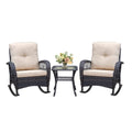 3 Pieces Conversation Set, Outdoor Wicker Rocker Patio Bistro Set, Rocking Chair With Glass Top Side Table Yes Complete Patio Set Brown Beige Seats 2 Weather Resistant Frame Fade Resistant Cushion Garden & Outdoor Retro,Vintage Complete Patio Sets Rattan