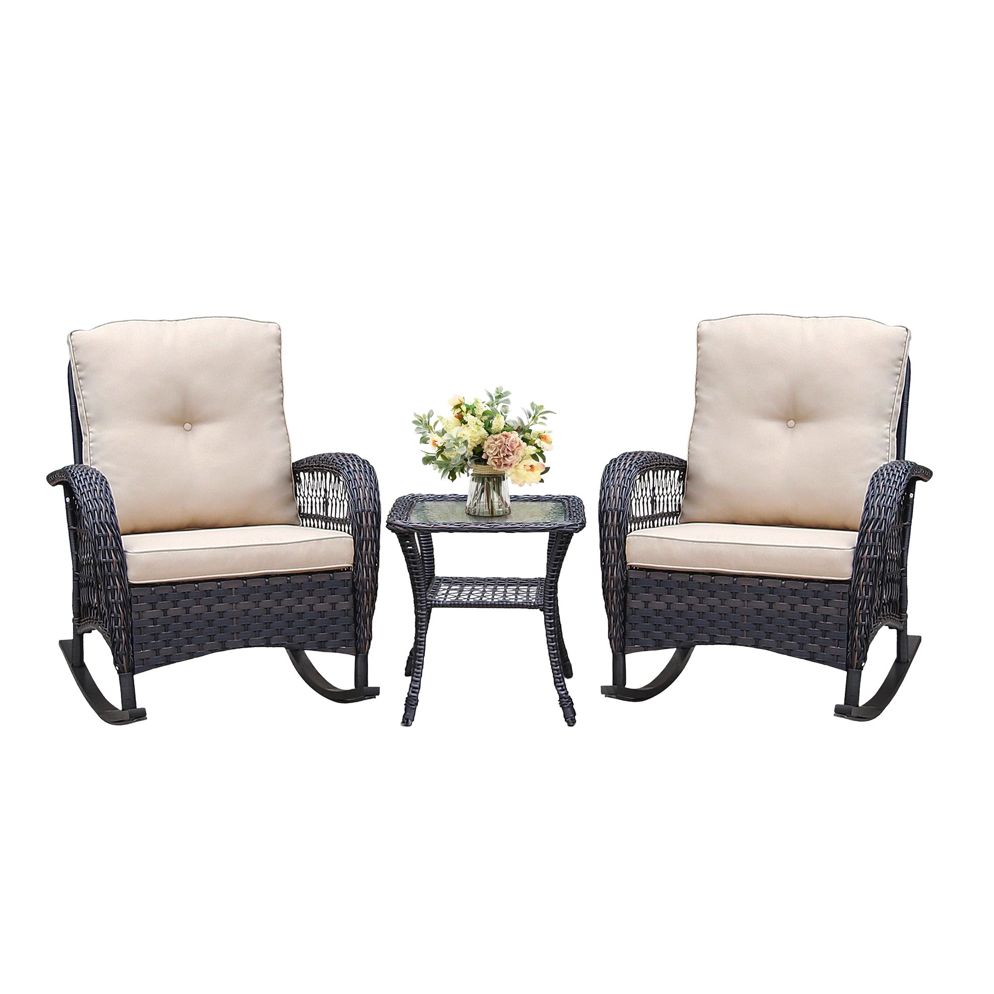3 Pieces Conversation Set, Outdoor Wicker Rocker Patio Bistro Set, Rocking Chair With Glass Top Side Table Yes Complete Patio Set Brown Beige Seats 2 Weather Resistant Frame Fade Resistant Cushion Garden & Outdoor Retro,Vintage Complete Patio Sets Rattan