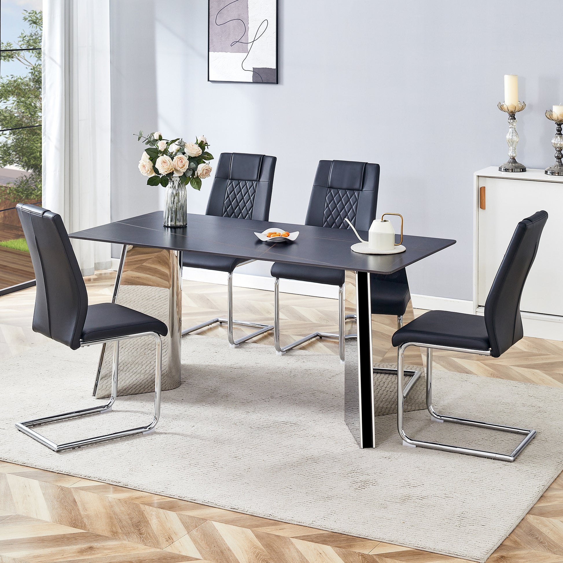 Table And Chair Set.63"X31.5X30" Black Marble Patterned Slabs Tabletop With Stainless Steel Butterfly Legs.Paried With 4 Black High Quality Pu Chairs With Silver Metal Legs. Black,Silver Seats 4