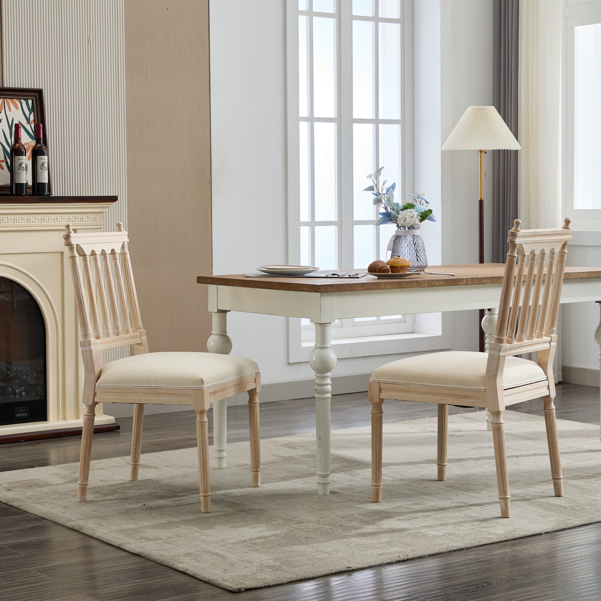 Antique Dining Chairs Linen Fabric Upholstered Wooden Chairs Set Of 2 Cream Fabric