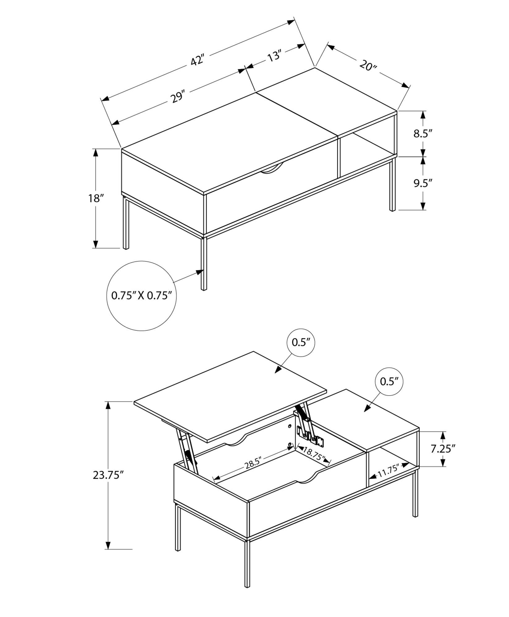 Coffee Table, 42" L, Rectangular, Cocktail, Lift Top, Dark Taupe, Black Metal, Contemporary, Modern Taupe Particle Board