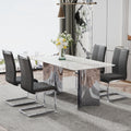 Modern Minimalist Dining Table. Imitation Marble Glass Sticker Desktop, Stainless Steel Legs, Stable And Beautiful. 4 Black Pu Seats. 63 