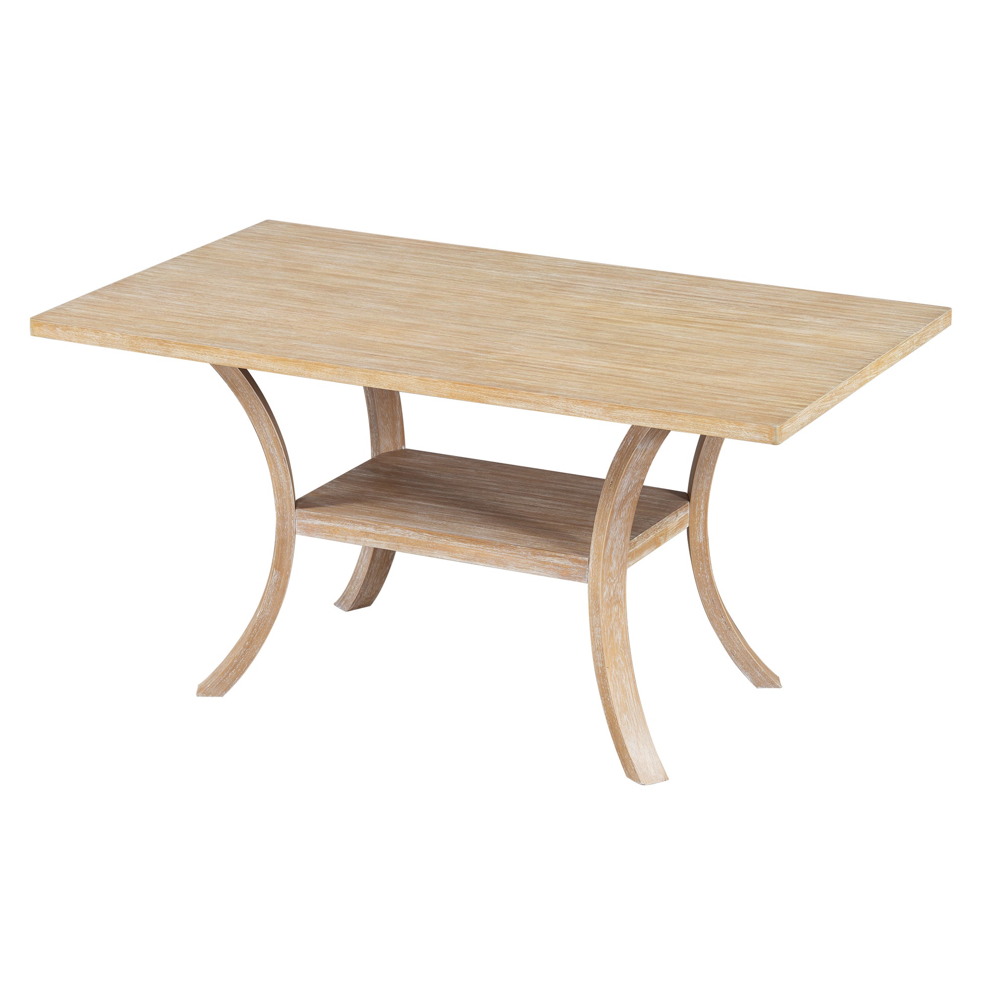 6 Piece Wood Dining Table Set With Storage Shelf And Curved Legs, Kitchen Table Set With Bench And 4 Removable Cushions Dining Chairs, Modern Style, Natural Beige Cushion Wood Dining Room Distressed Finish Rubberwood Rectangular Dining Table With Bench