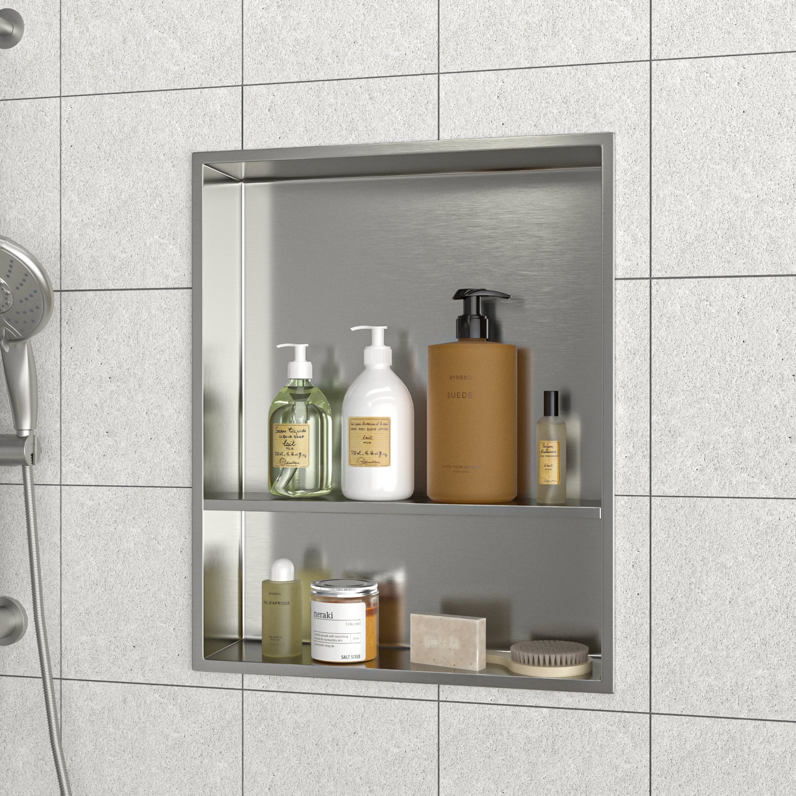 21" X 17" Stainless Steel Shower Niche Double Shelf, Brushed Nickel Brushed Nickel Stainless Steel