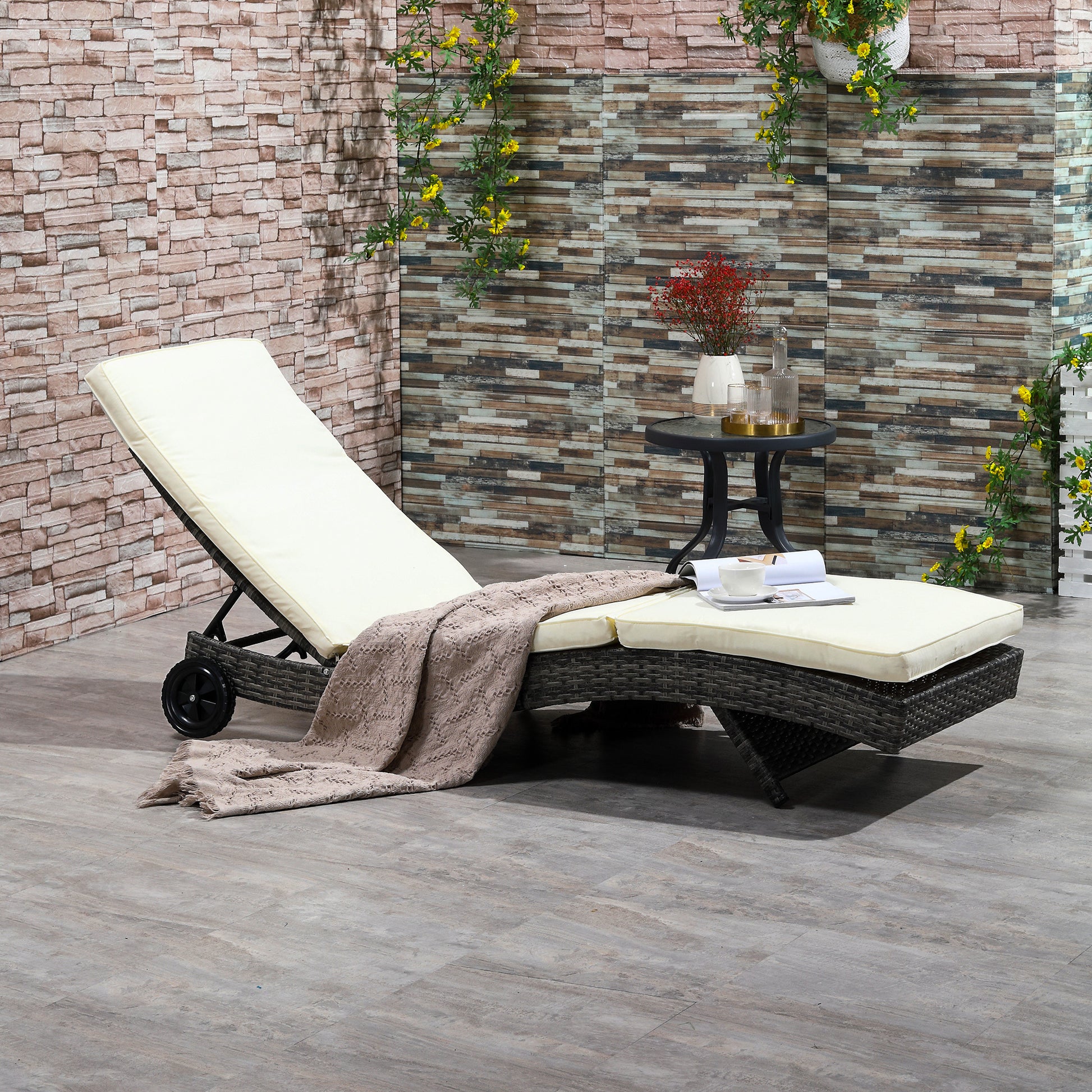 Outsunny Wicker Chaise Lounge Pool Chair, Outdoor Pe Rattan Cushioned Patio Sun Lounger W 5 Level Adjustable Backrest & Wheels For Easy Movement, Cream White Cream White Rattan