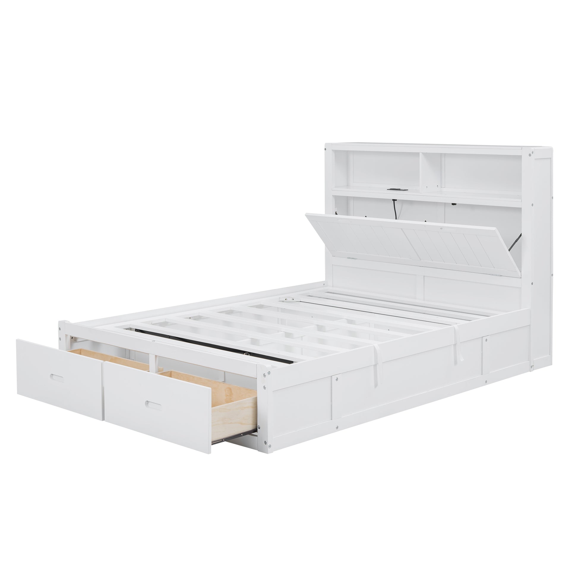 Wood Full Size Hydraulic Platform Bed With Storage Led Headboard, Charging Station And 2 Drawers, White Box Spring Not Required Full White Wood Bedroom Bed Frame Solid Wood Mdf