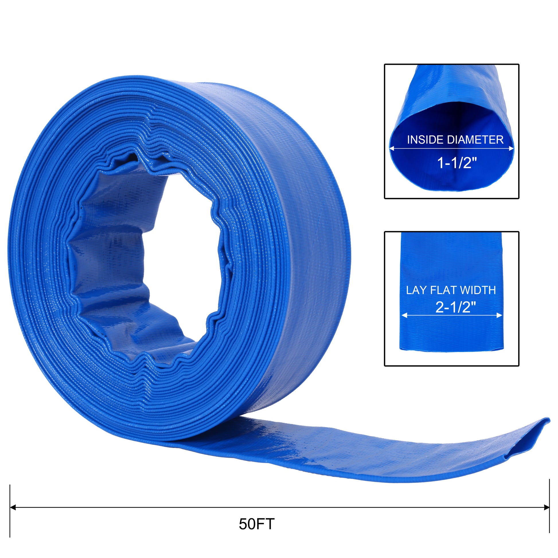 1 1 2" Flat 2.6" Widthx 50 Ft Pool Backwash Hose, Blue Heavy Duty Reinforced Pvc Lay Flat Water Discharge Hose For Swimming Pool Filter Pump,With 2 Clamp Blue Pvc