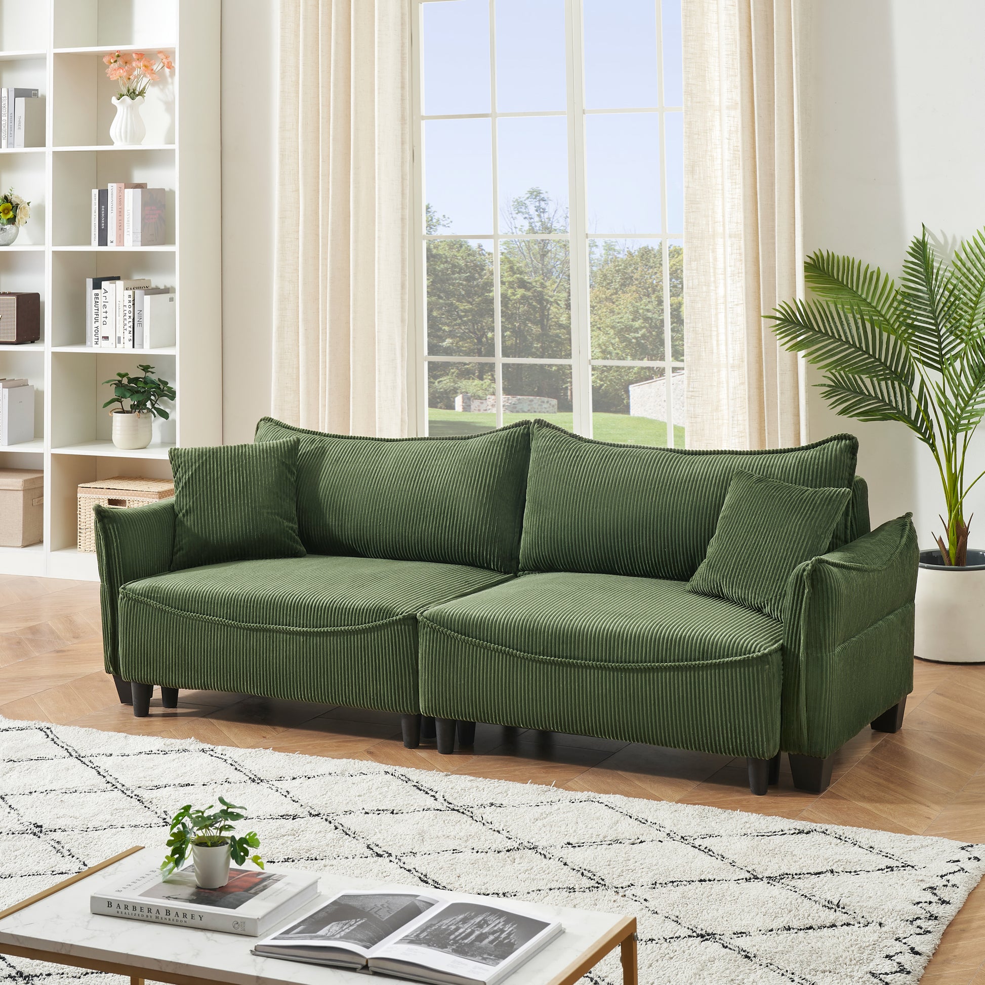 2345 Green Corduroy Fabric, Sofa Can Be Converted Into A Sofa Bed With Two Throw Pillows, Suitable For Living Room And Other Scenes Green Corduroy 3 Seat