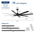 75 Inch Industrial Dc Motor Ceiling Fan No Light, Large Ceiling Fan With 8 Reversible Blades, 3 Downrods, 6 Speed Remote Control, Home Or Commercial Ceiling Fans For Porch Garage Shop, Black Black Casual,Classic Abs Steel Q235