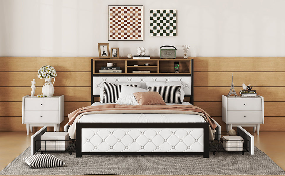 Metal Full Size Platform Bed With 4 Drawers, Upholstered Headboard And Footboard, Sockets And Usb Ports, White Full White Black Fabric Metal