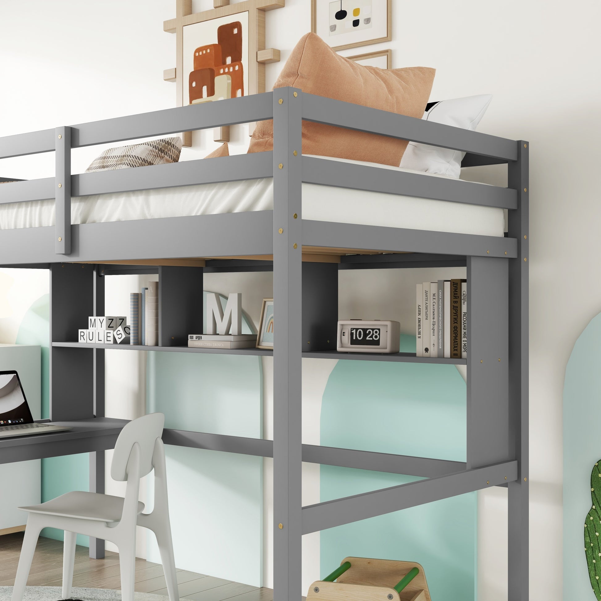 Twin Loft Bed With Built In Desk And Bookcase Of Three Compartments, Guardrails And Ladder,Grey Twin Grey Pine