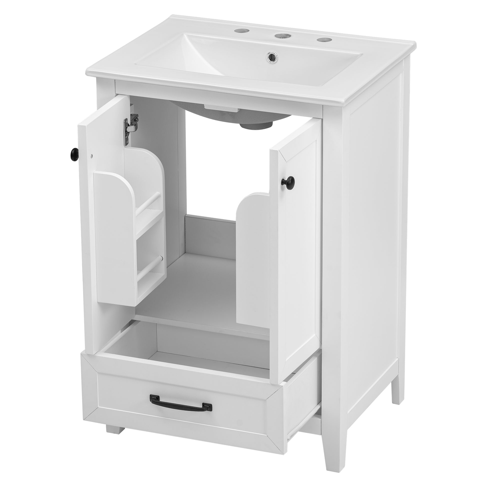 24" Bathroom Vanity With Sink, Bathroom Vanity Cabinet With One Drawer And Doors, Solid Wood And Mdf, White White Solid Wood Mdf