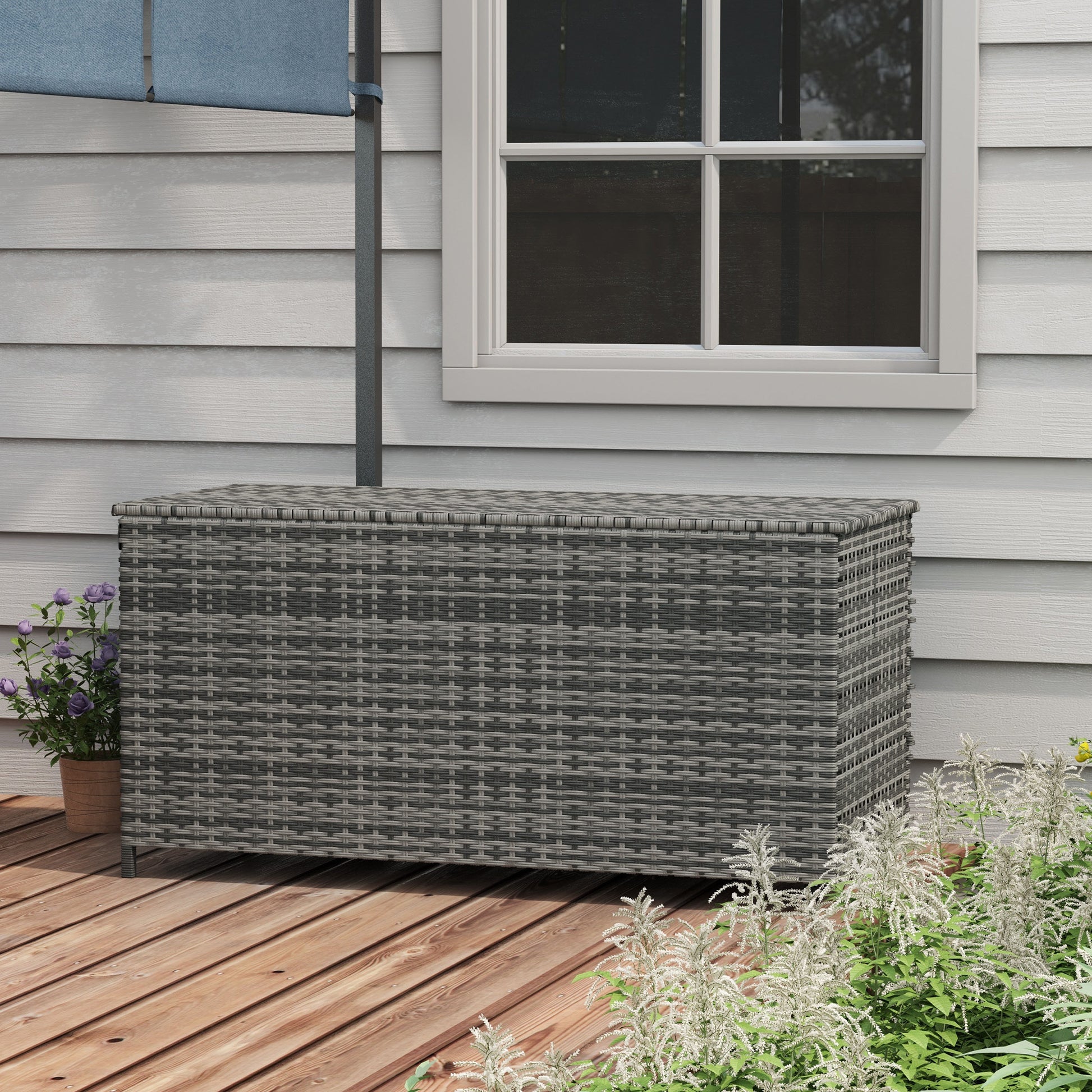 Outsunny 83 Gallon Deck Box, Large Outdoor Storage Chest, Pe Wicker Trunk For Outside On Wheels For Garden Tools, Pool Supplies & Patio Furniture Cushions, Gray Gray Plastic