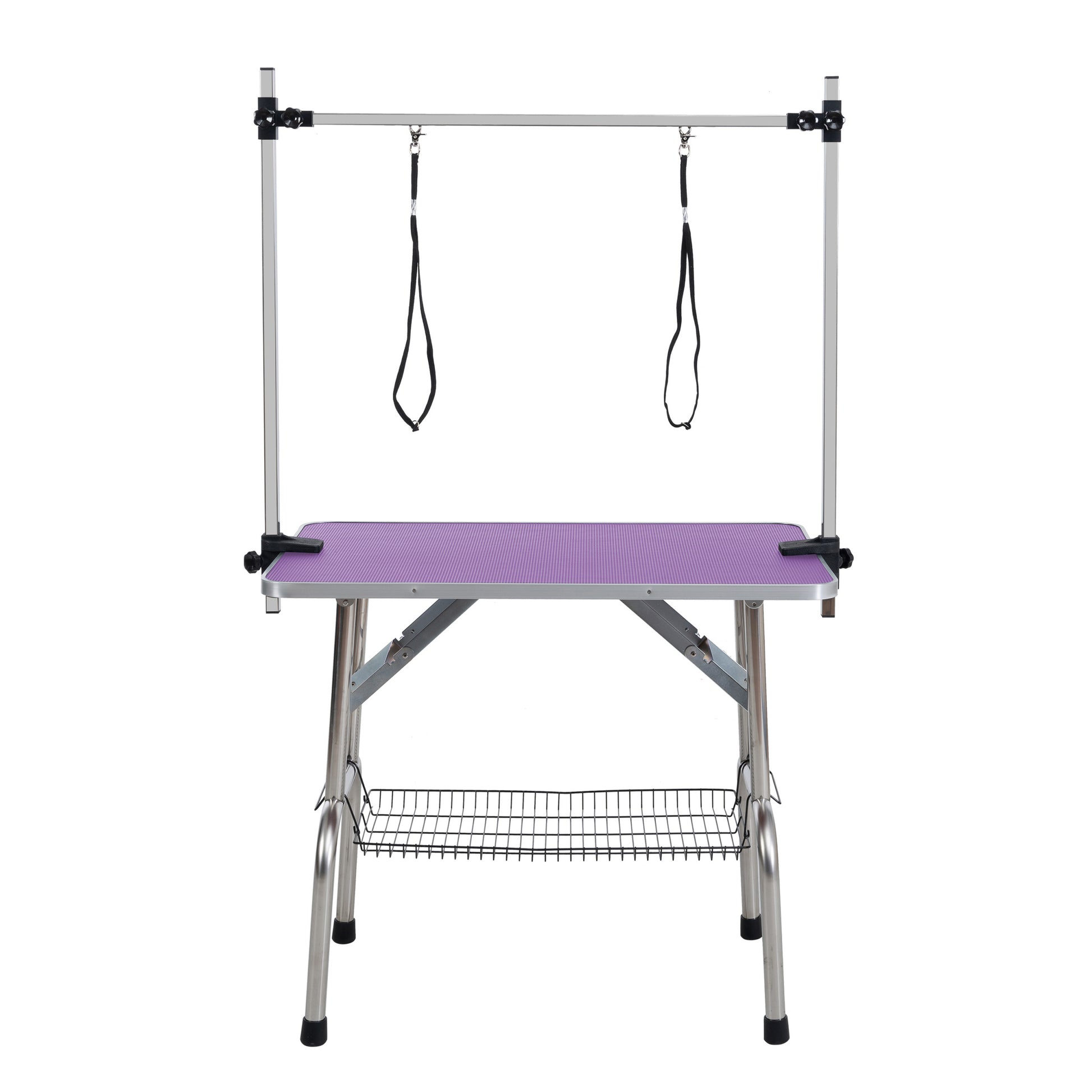 46" Folding Dog Pet Grooming Table Stainless Steel Frame Rubber Mat On Board With Adjustable Arm And Clamps Pet Dog Cat Grooming Table Purple Color Purple Rubber Stainless Steel