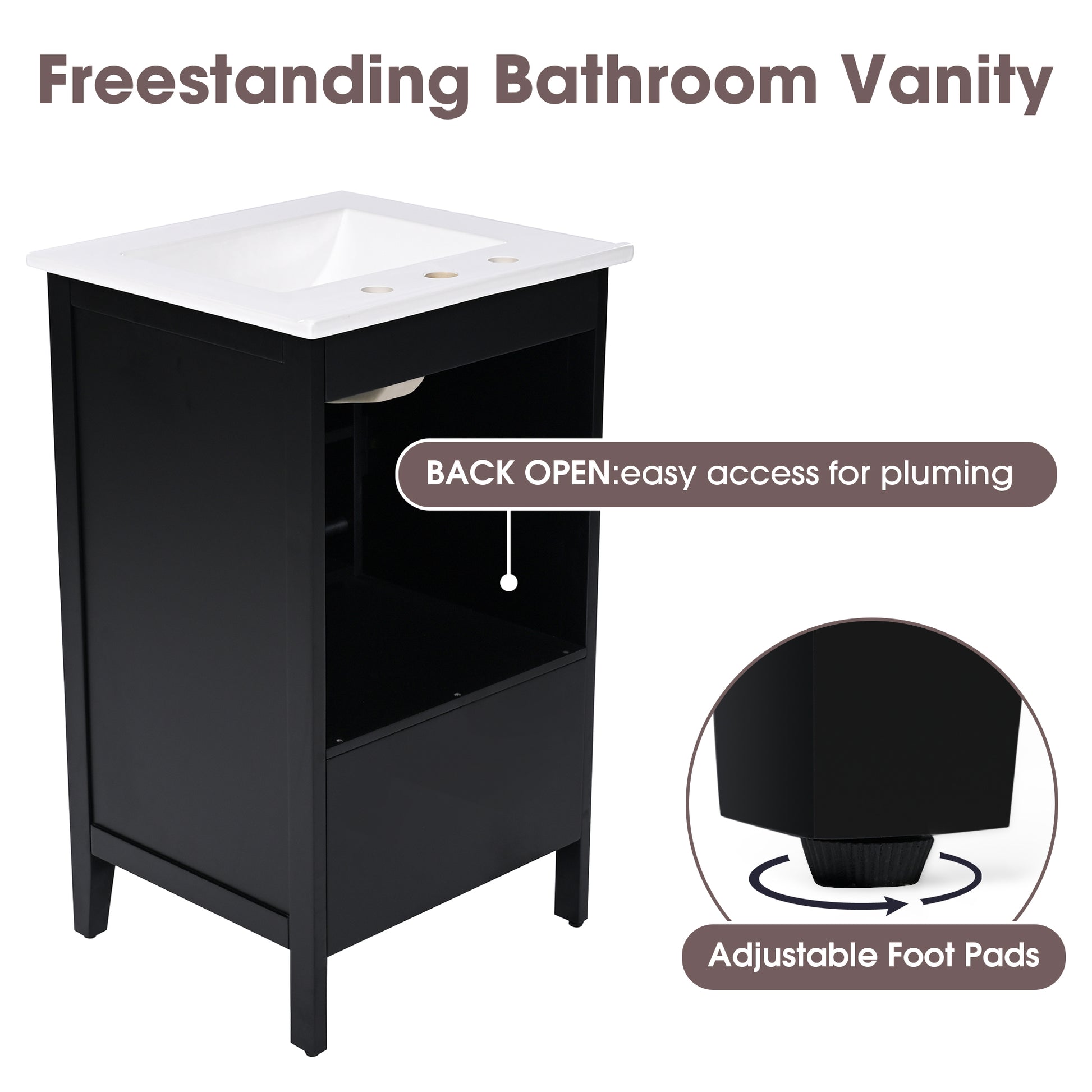 20" Bathroom Vanity With Sink, Bathroom Cabinet With Two Doors, Door Shelf Storage And Adiustable Foot Pads, A Drawer, Black Black Solid Wood Mdf
