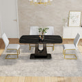 Table And Chair Set, Minimalist Dining Table, Imitation Marble Patterned Glass Tabletop, Mdf Legs With U Shaped Brackets. Paired With Comfortable Chairs, Suitable For Dining And Living Rooms. Black Gold Mdf Glass