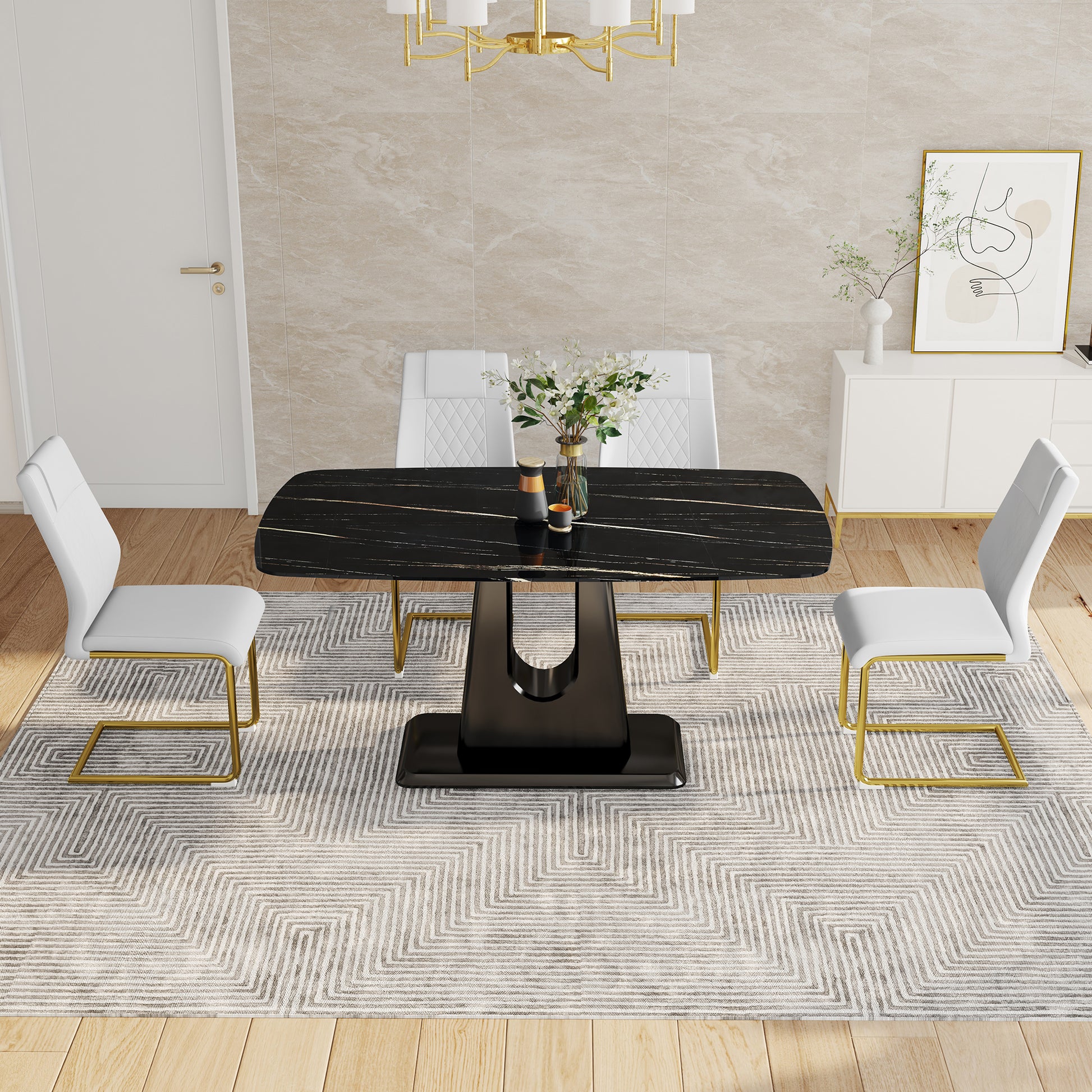 Table And Chair Set, Minimalist Dining Table, Imitation Marble Patterned Glass Tabletop, Mdf Legs With U Shaped Brackets. Paired With Comfortable Chairs, Suitable For Dining And Living Rooms. Black Gold Mdf Glass