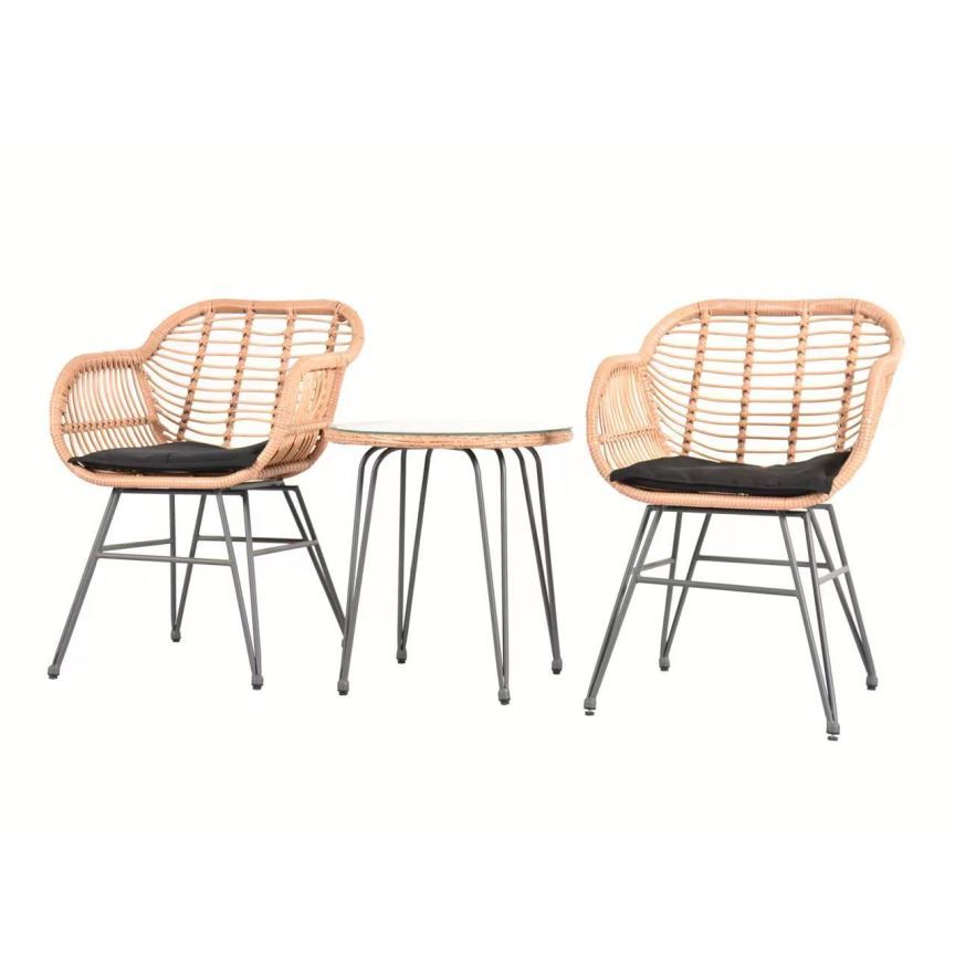 St.Lucia 3Pc Casual Outdoor Set Natural With Black Blue Cushion Black Brown Pe Rattan Iron