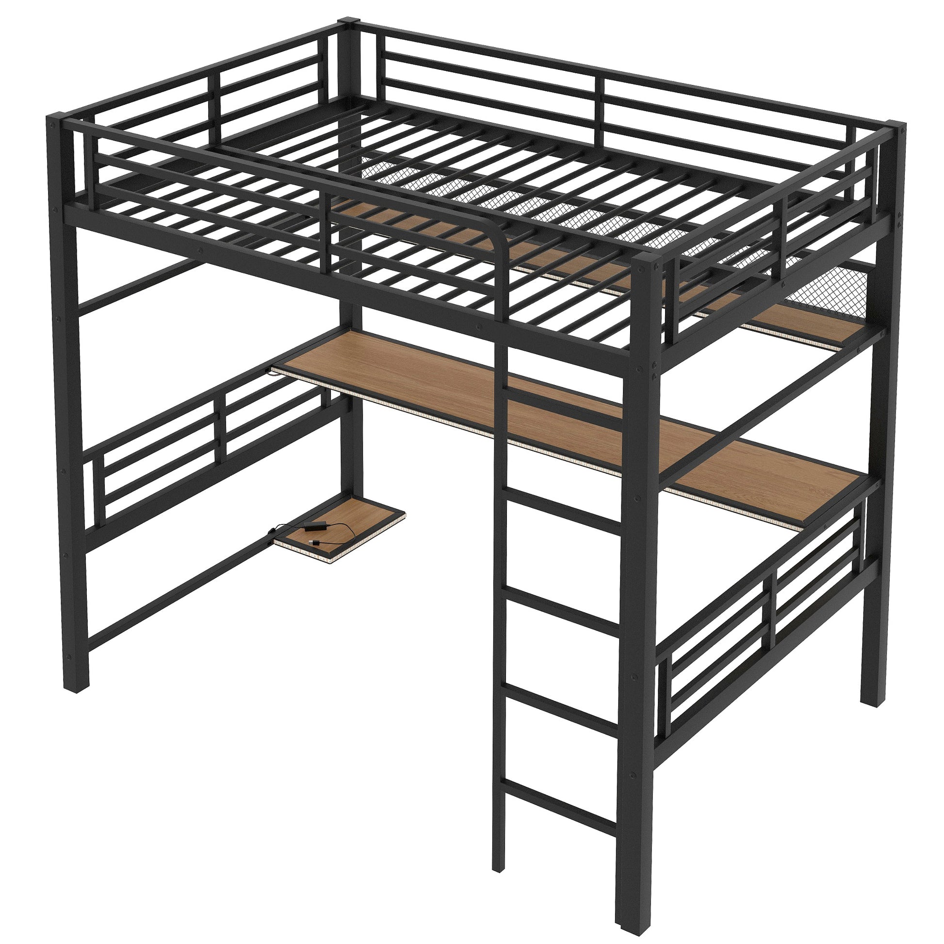 Full Size Metal Loft Bed Frame With Storage Shelf And Led Light,Iron Mesh,Black Black Metal