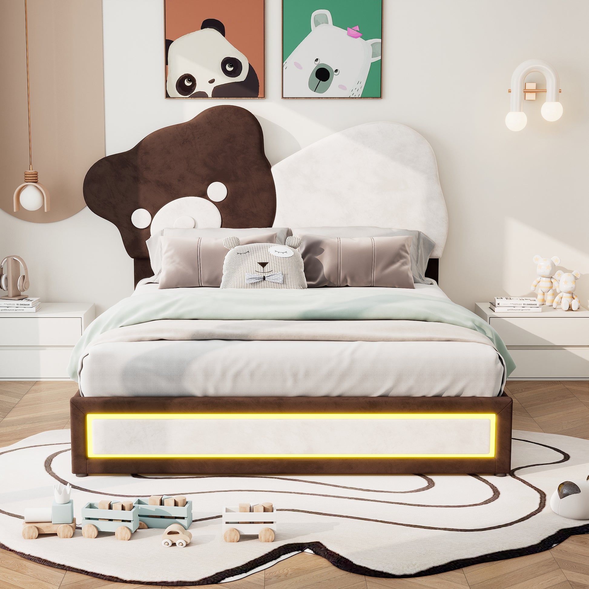 Full Size Upholstered Platform Bed With Bear Shaped Headboard, Led Light Strips, White Brown Box Spring Not Required Full Brown White Wood Bedroom Bed Frame Upholstered