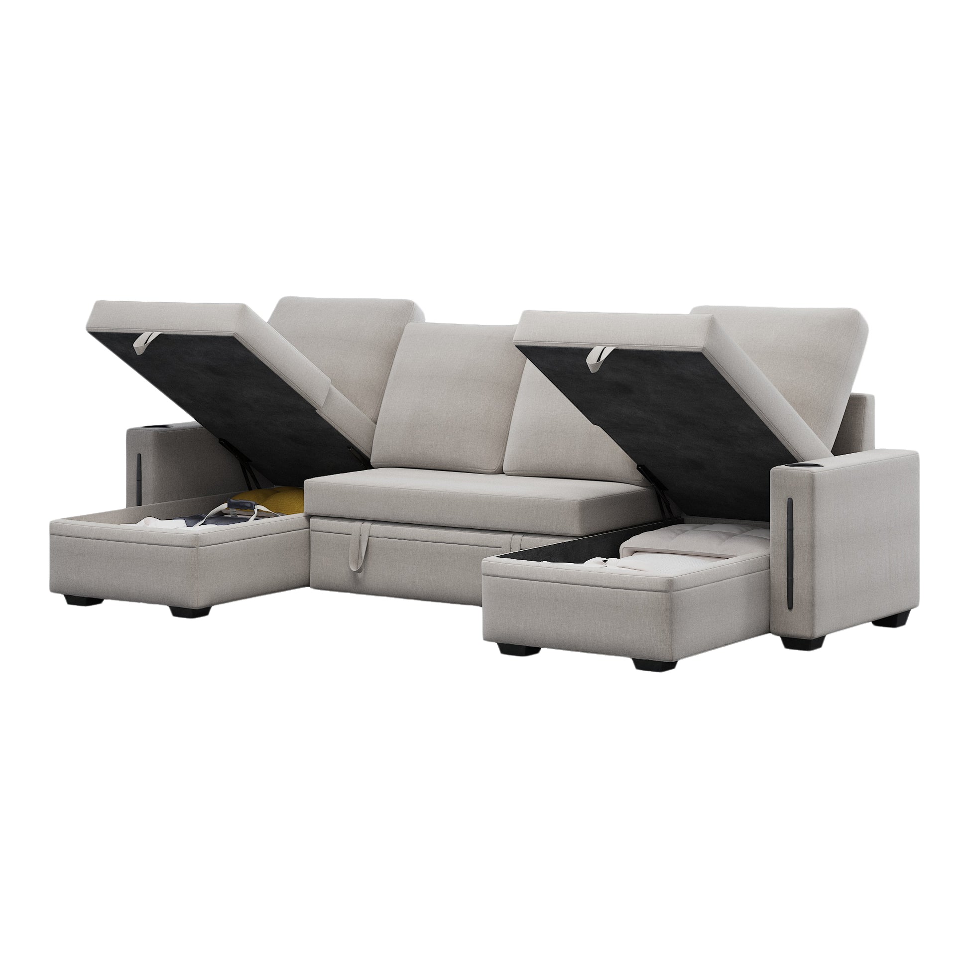 Sectional Sofa With Storage, 96" U Shaped Sectional Couches For Living Room, Comfy Convertible Sectional Sofa Beige Beige Linen Wood Primary Living Space Cushion Back Soft Modern Eucalyptus Square Arms Foam Linen 4 Seat