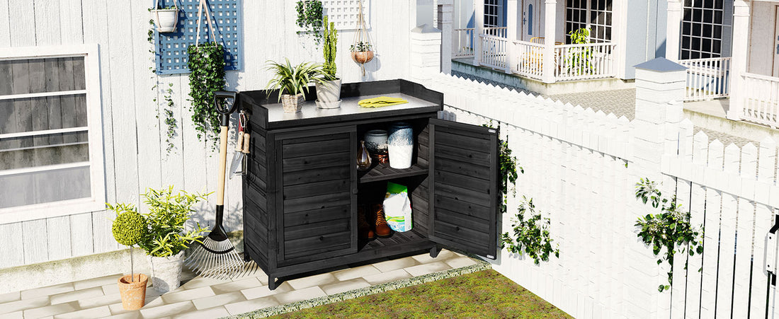 Outdoor 39" Potting Bench Table, Rustic Garden Wood Workstation Storage Cabinet Garden Shed With 2 Tier Shelves And Side Hook, Black Black Garden & Outdoor Casual Wood Solid Wood