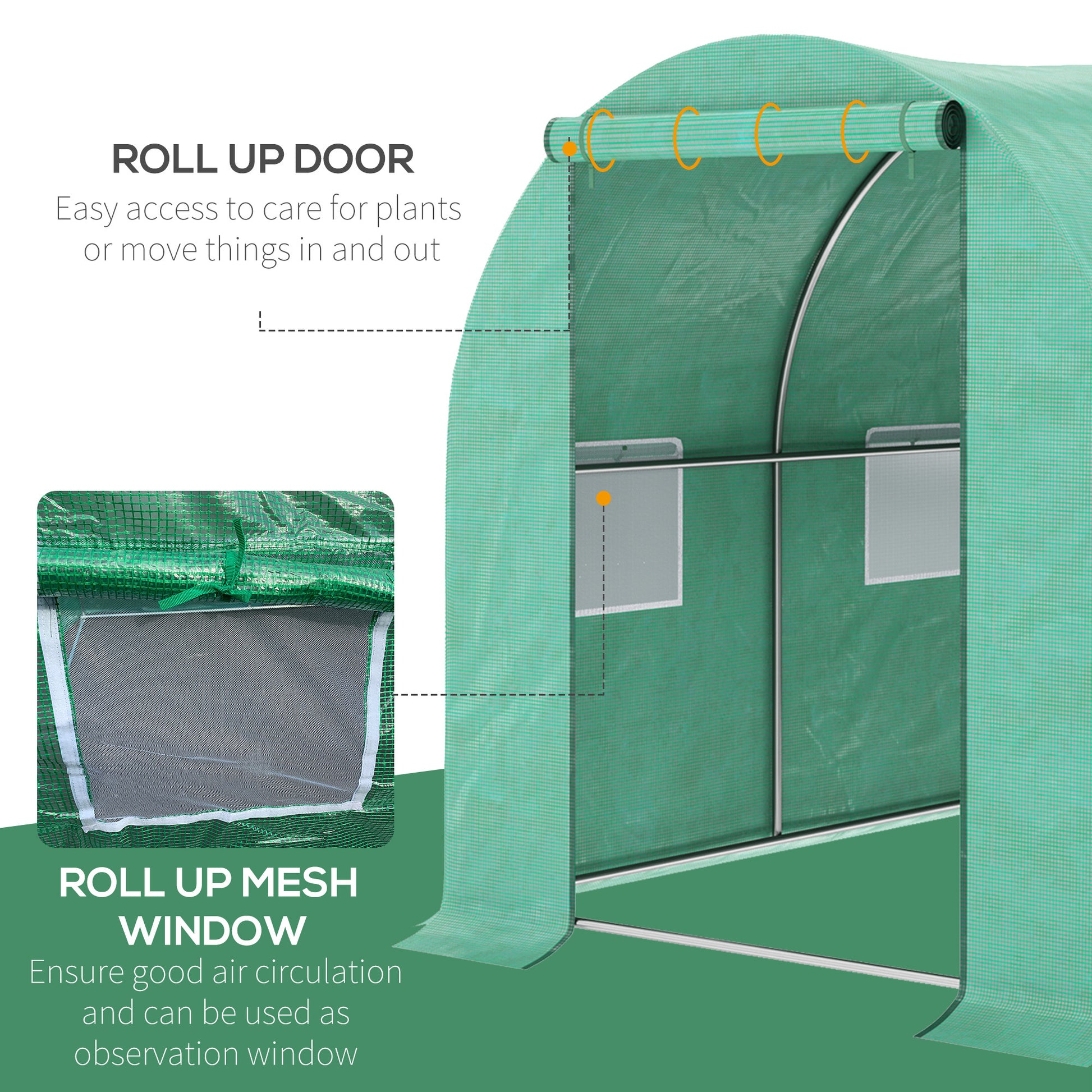 Outsunny 15' X 7' X 6.5' Walk In Tunnel Hoop Greenhouse, Green House With Polyethylene Pe Cover, Steel Frame, Roll Up Zipper Door & Windows For Flowers, Vegetables, Tropical Plants, Green Green Steel