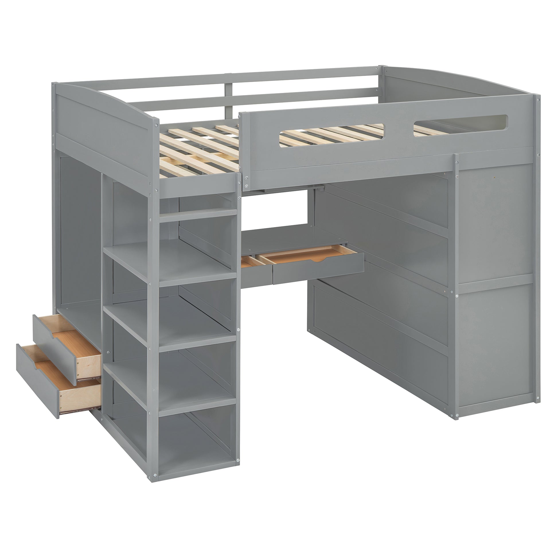 Full Size Loft Bed With Desk, Wardrobes, 4 Drawers And 4 Shelves Gray Full Gray Solid Wood