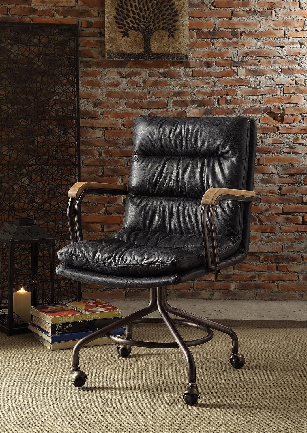 Vintage Blue Swivel Office Chair With Casters Solid Vintage Office Foam Vintage Office Chairs Tufted Back Casters Leather
