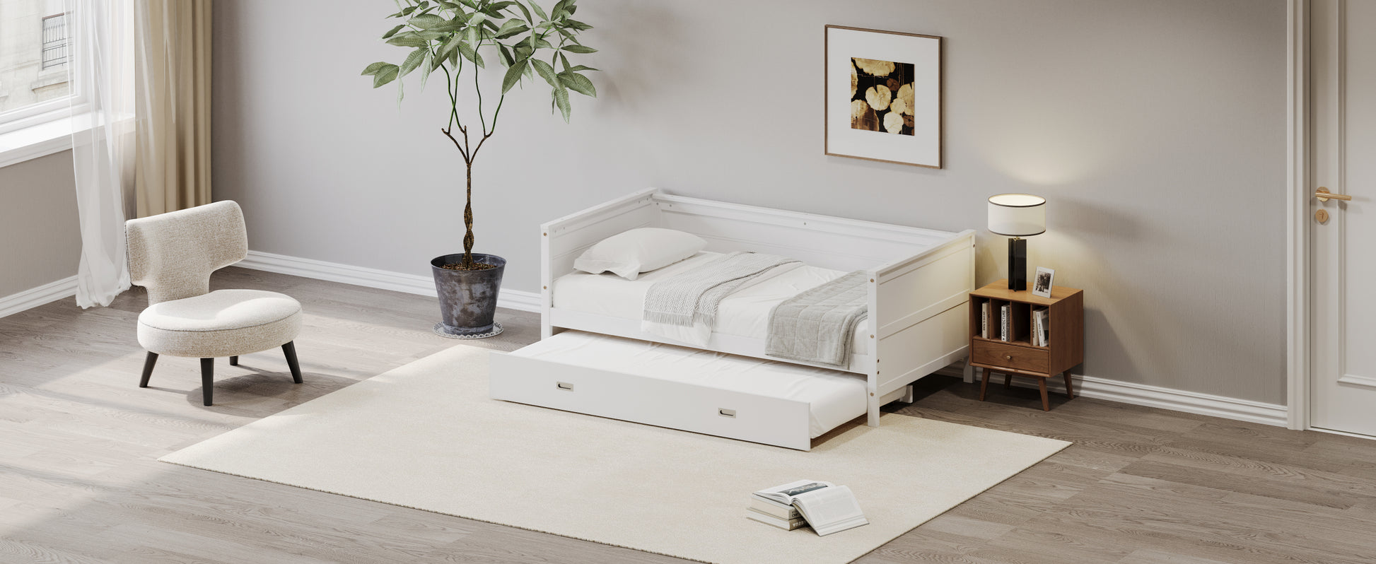 Twin Size Solid Wood Daybed With Trundle For Kids Teens Dorm Bedroom Multipurpose Guest Room Or Home, White Box Spring Not Required Twin White Wood Bedroom Pine Wood
