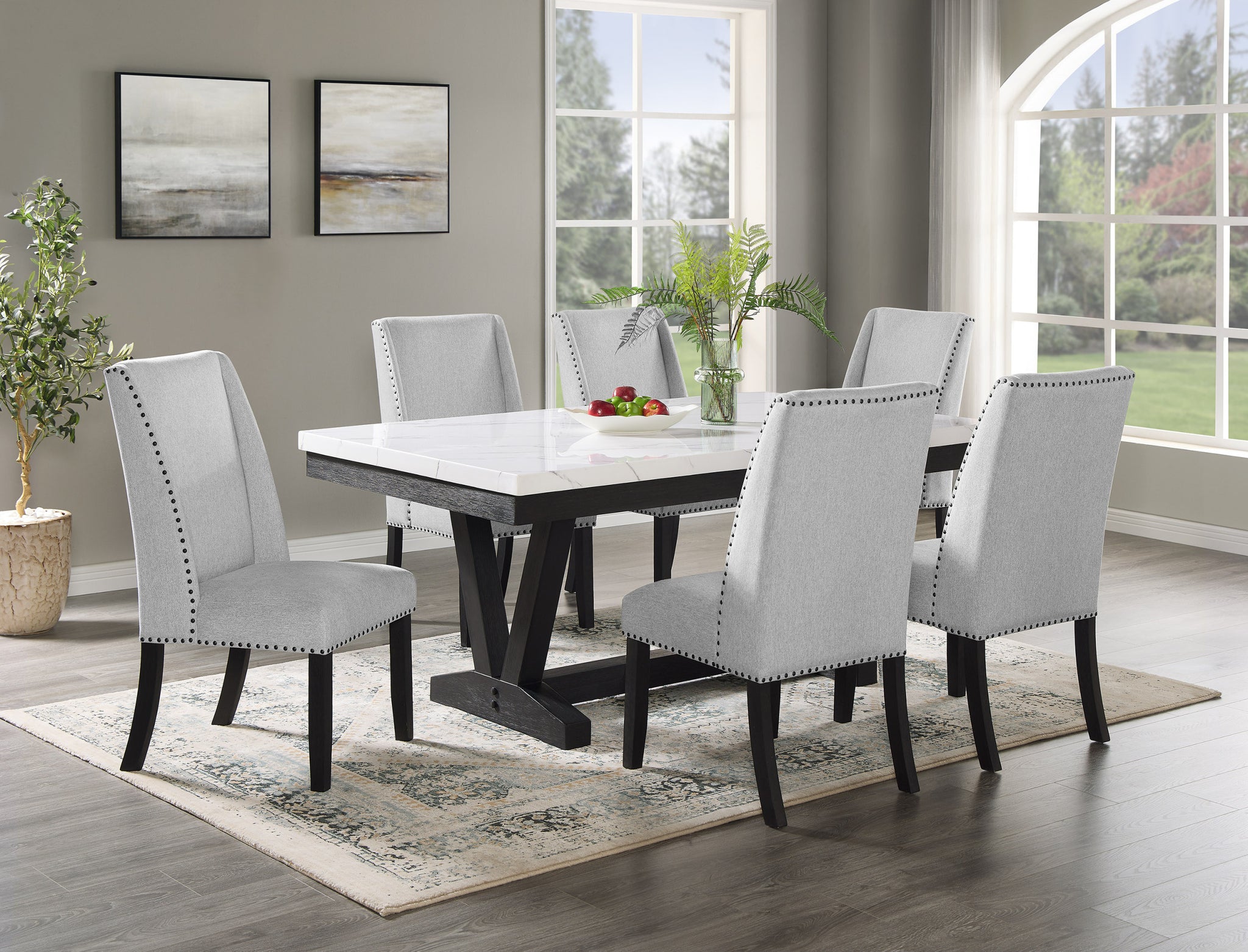 7Pc Dining Set Contemporary Style White Faux Marble Rectangular Table Top Dove Gray Upholstery Chairs Tufted Black Finish Wooden Solid Wood Dining Room Furniture Wood Wood Gray Seats 6 Wood Dining Room Contemporary,Modern,Transitional Trestle Rectangular