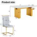 Table And Chair Set.Large Modern Rectangular Table With 0.4 Inch Patterned Glass Tabletop And Large Mdf Table Legs.Comes With 8 Chairs With Faux Leather Cushioned Seats And Golden Metal Legs. Gold White Seats 8 Mdf Glass