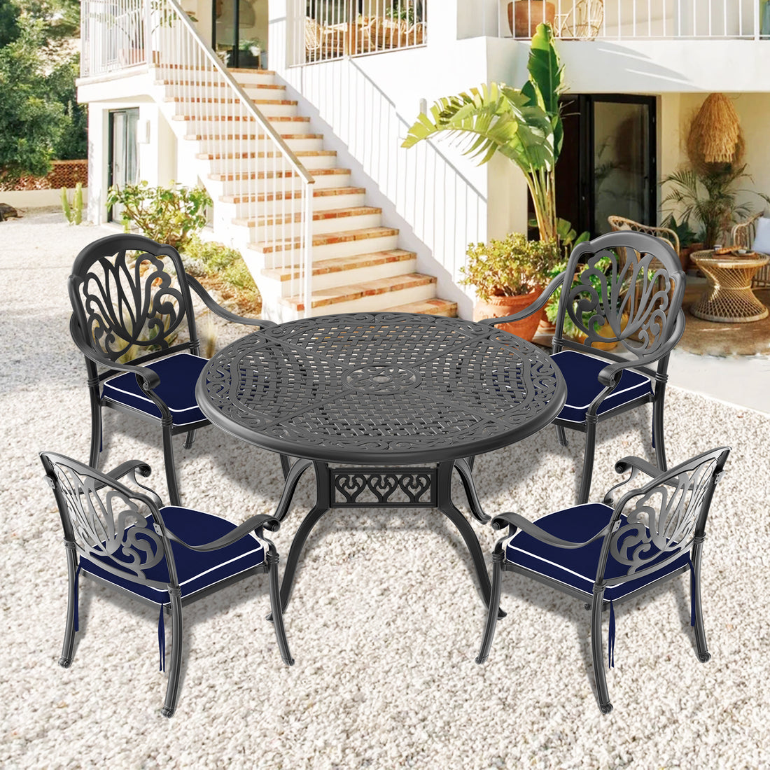 Cushions In Random Colors 5 Piece Set Of Cast Aluminum Patio Furniture With Cushions Yes Dining Set Black Seats 4 Rust Resistant Frame Water Resistant Cushion Garden & Outdoor Complete Patio Sets Aluminium