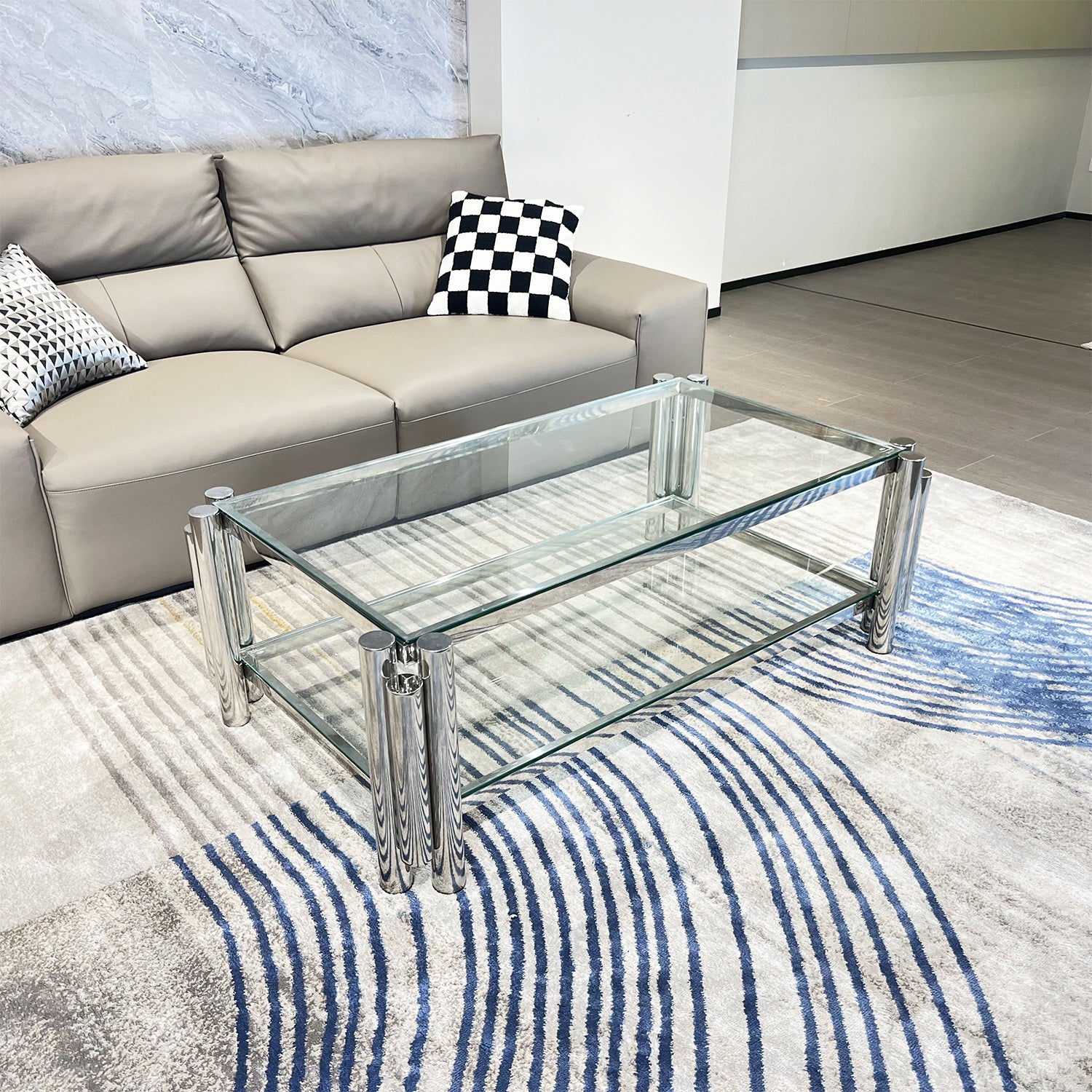 Silver Stainless Steel Double Layer Clear Tempered Glass Coffee Table For Bed Room, Living Room Clear,Silver Modern Rectangular Stainless Steel,Tempered Glass