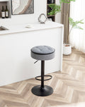 Round Storage Bar Stool Set Of 2, Grey Linen Height Adjustable Barstool, 360 Counter Height Swivel Stool, Armless Bar Chair With Metal Frame For Kitchen Counter Dining Living Room Grey Set Of 2 Foam Linen