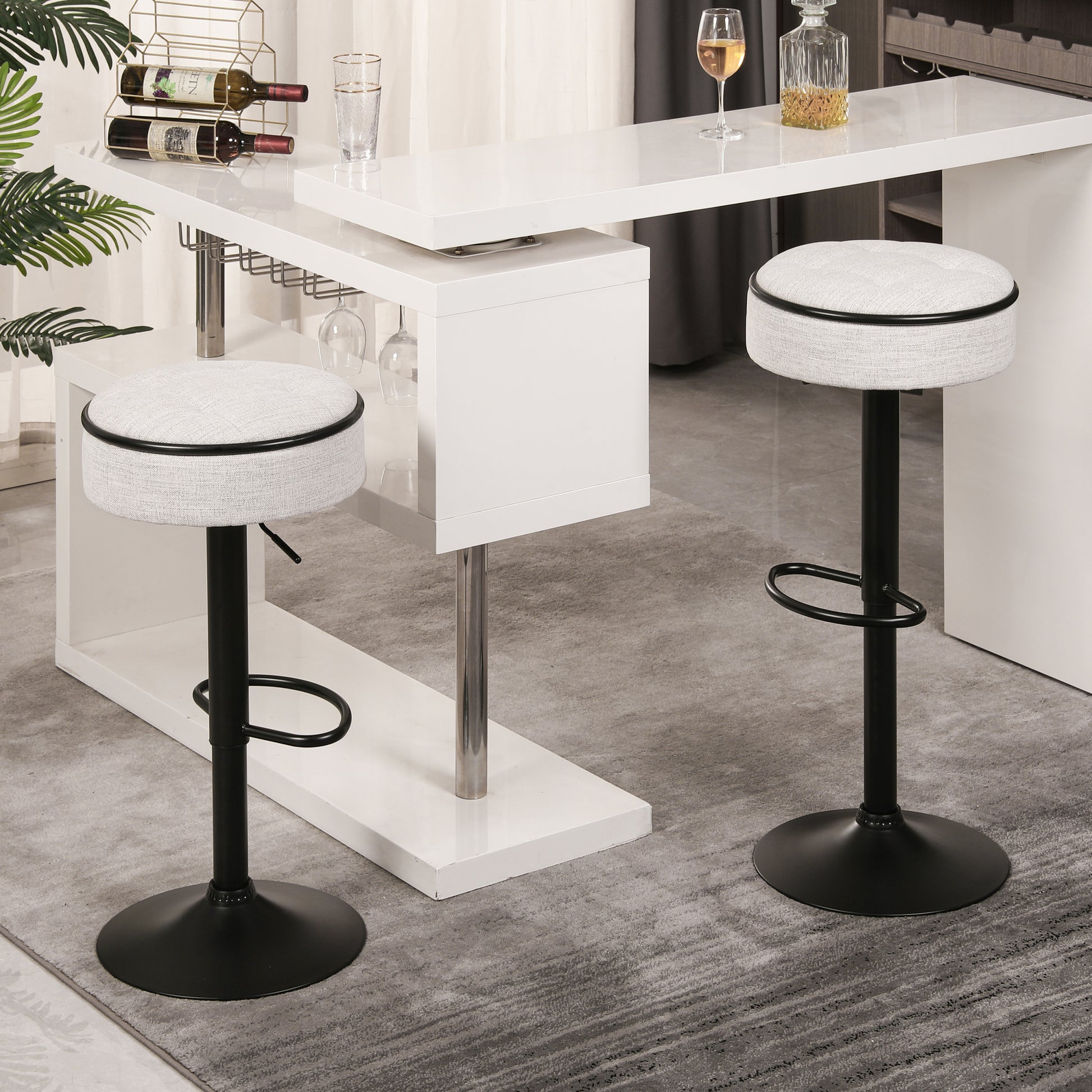 Round Storage Bar Stool Set Of 2, Off White Linen Height Adjustable Barstool, 360 Counter Height Swivel Stool, Armless Bar Chair With Metal Frame For Kitchen Counter Dining Living Room Off White Set Of 2 Foam Linen