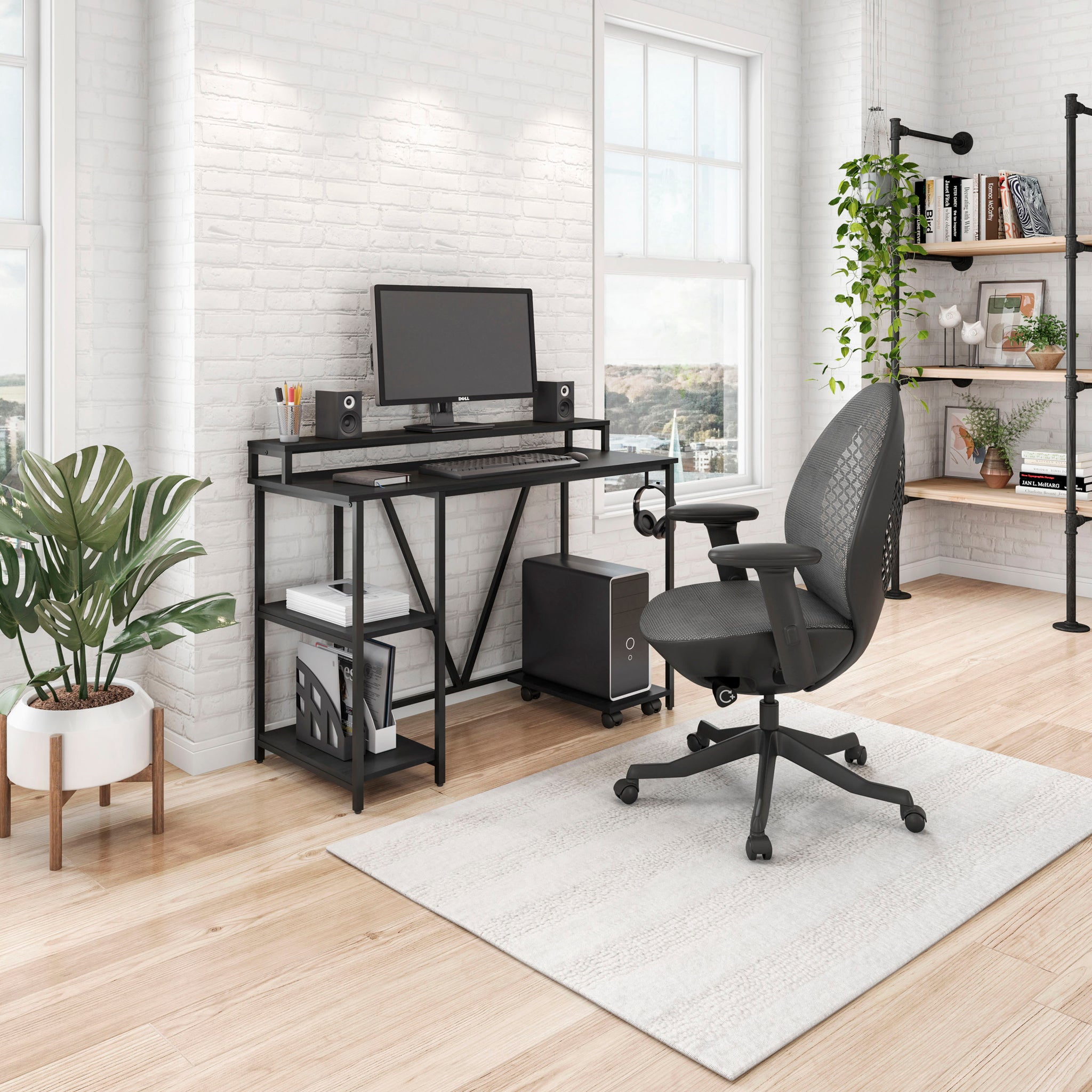 Techni Mobili Industrial Writing Desk, Black Black Computer Desk Office Modern Rectangular Rectangular Engineered Wood