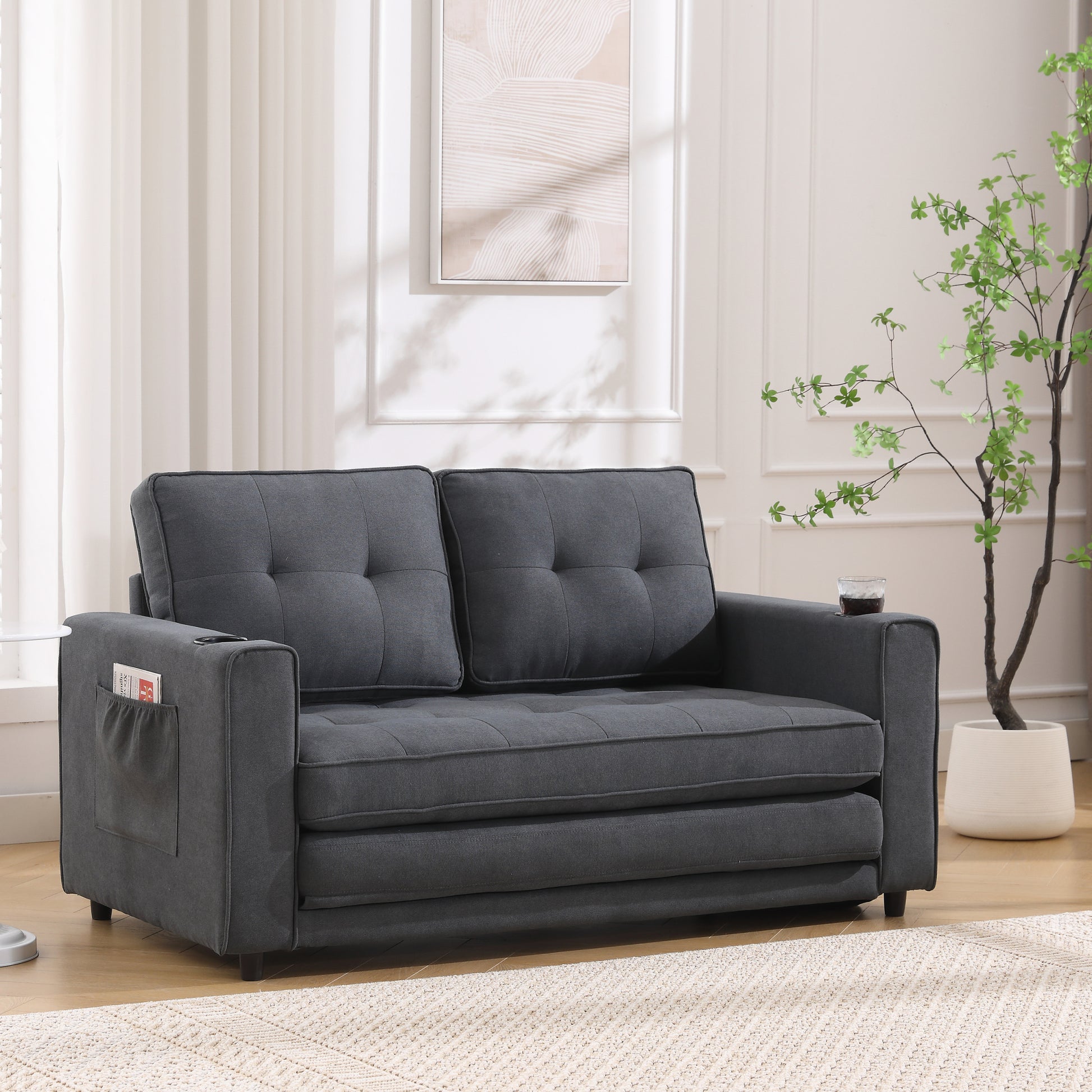 3 In 1 Upholstered Futon Sofa Convertible Sofa Bed,Foldable Tufted Loveseat With Pull Out Sleeper Couch Bed,Folding Mattres Beautiful Seat Daybed W Side Pockets And Cup Holder, Dark Gray Dark Gray Foam Fabric