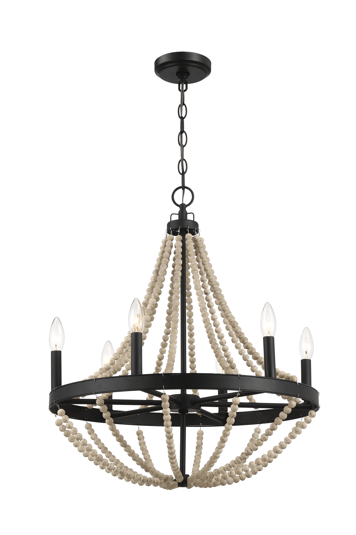 Starry Wood Chandelier Farmhouse Six Candle Light Wood Beaded Black Pendant Light For Dining Room Black,Clear,Wood Glass,Metal,Wood