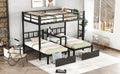 Full Xl Over Twin & Twin Triple Bunk Bed With Drawers, Multi Functional Metal Frame Bed With Desks And Shelves In The Middle, Black Full Xl Black Metal